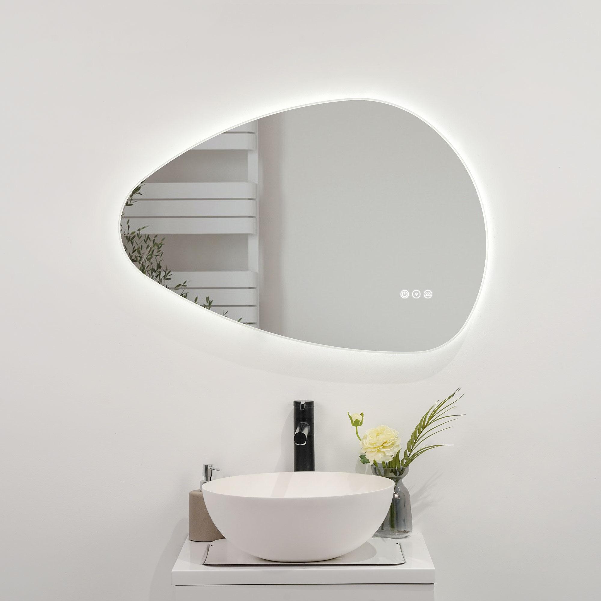 Bayfeve BF-233446-MIR Frameless LED Bathroom Vanity Mirror 32-in x 22-in Polished Frameless Irregular Dimmable LED Lighted Fog Free Bathroom Vanity Mirror ( Silver )