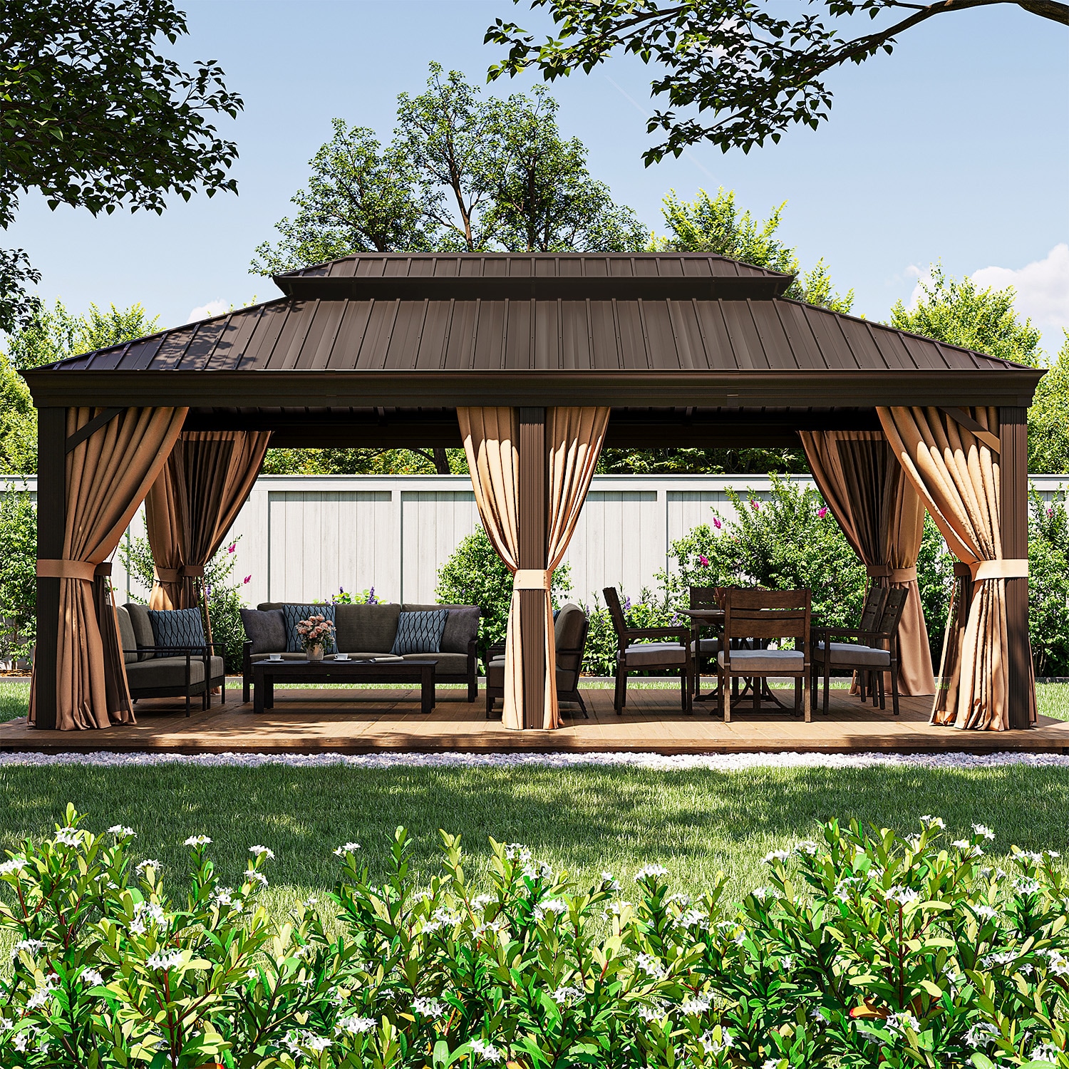 AOXUN AX-00703G-L 20-ft x 12-ft Gazebos Gray Gazebo with Hardtop Roof (Screen Included)