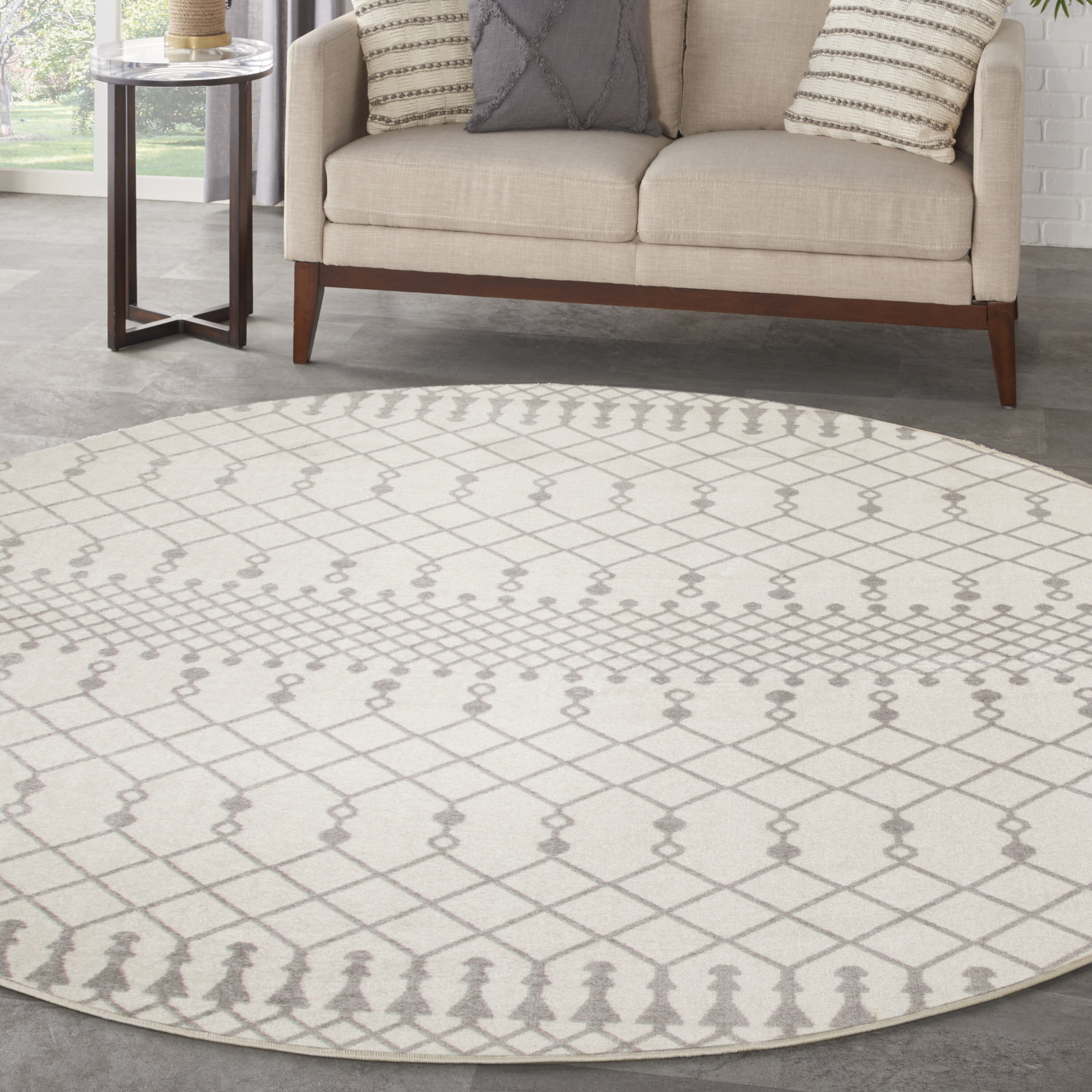 Nourison Home 099446932952 Astra Machine Washable 5 x 5 (ft) Loomed Polyester Ivory Round Indoor Geometric Bohemian/Eclectic Machine washable Area rug