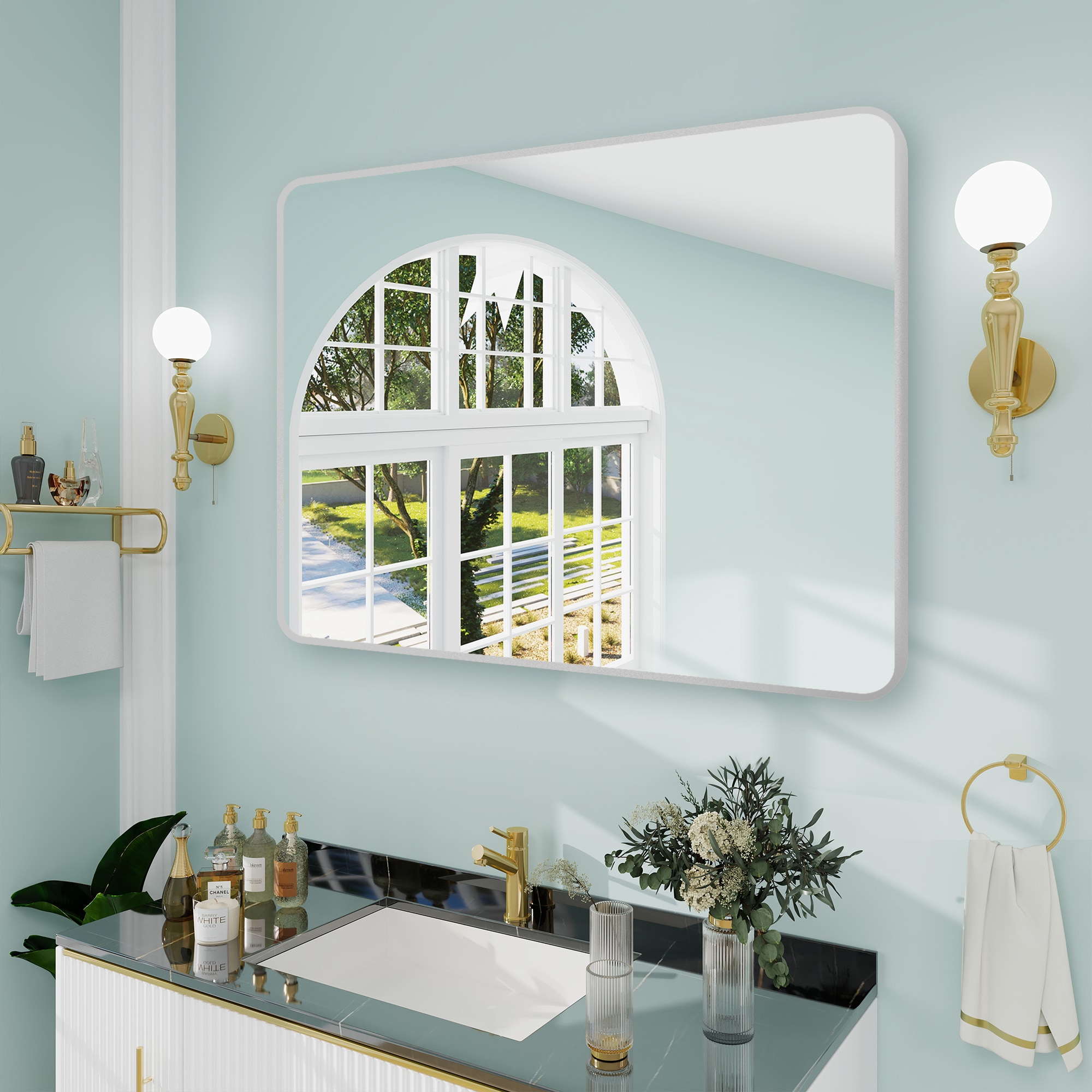 WELLFOR BFB63DHL-WF 48-in x 36-in Framed Rectangle Bathroom Vanity Mirror ( Brushed Nickel )