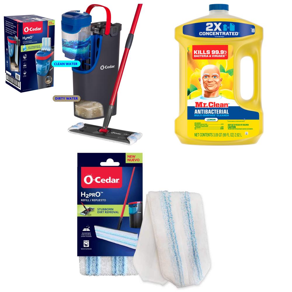 O-Cedar  Wringing Flat Mop with Bucket, Mr. Clean Lemon All-Purpose Cleaner, and Microfiber Refill Pad