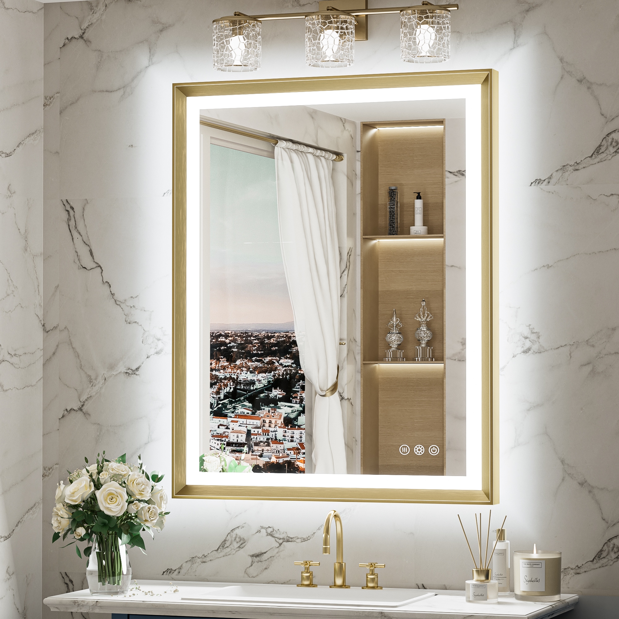 Keonjinn LW-ZBGSSW-7191GD 28-in x 36-in Framed Rectangle Dimmable LED Lighted Fog Free Bathroom Vanity Mirror ( Brushed Gold )