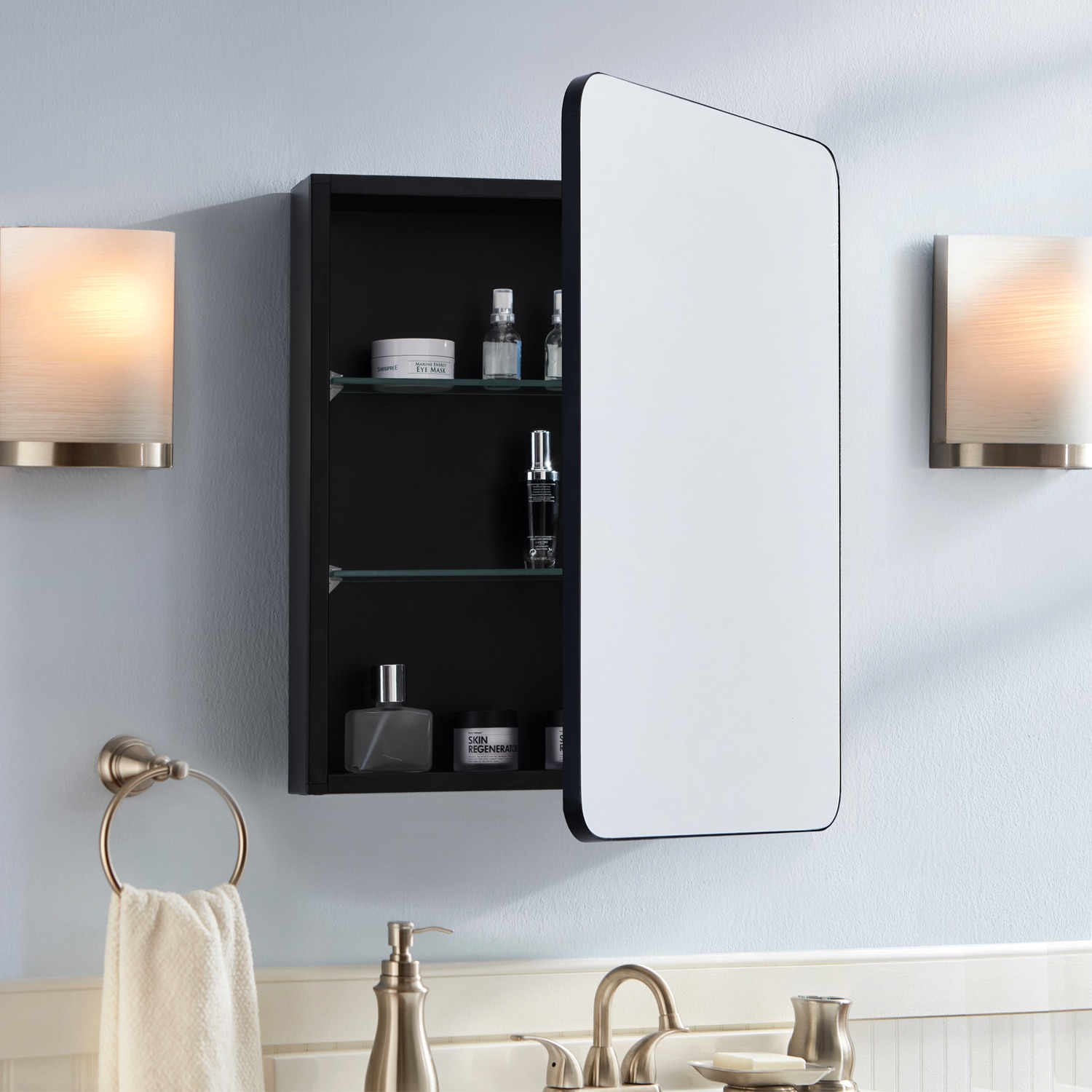 Allen Roth Medicine Cabinet 20 In X 26 Surface Recessed Mount Matte Black Mirrored Soft Close The Cabinets Department At Lowes Com