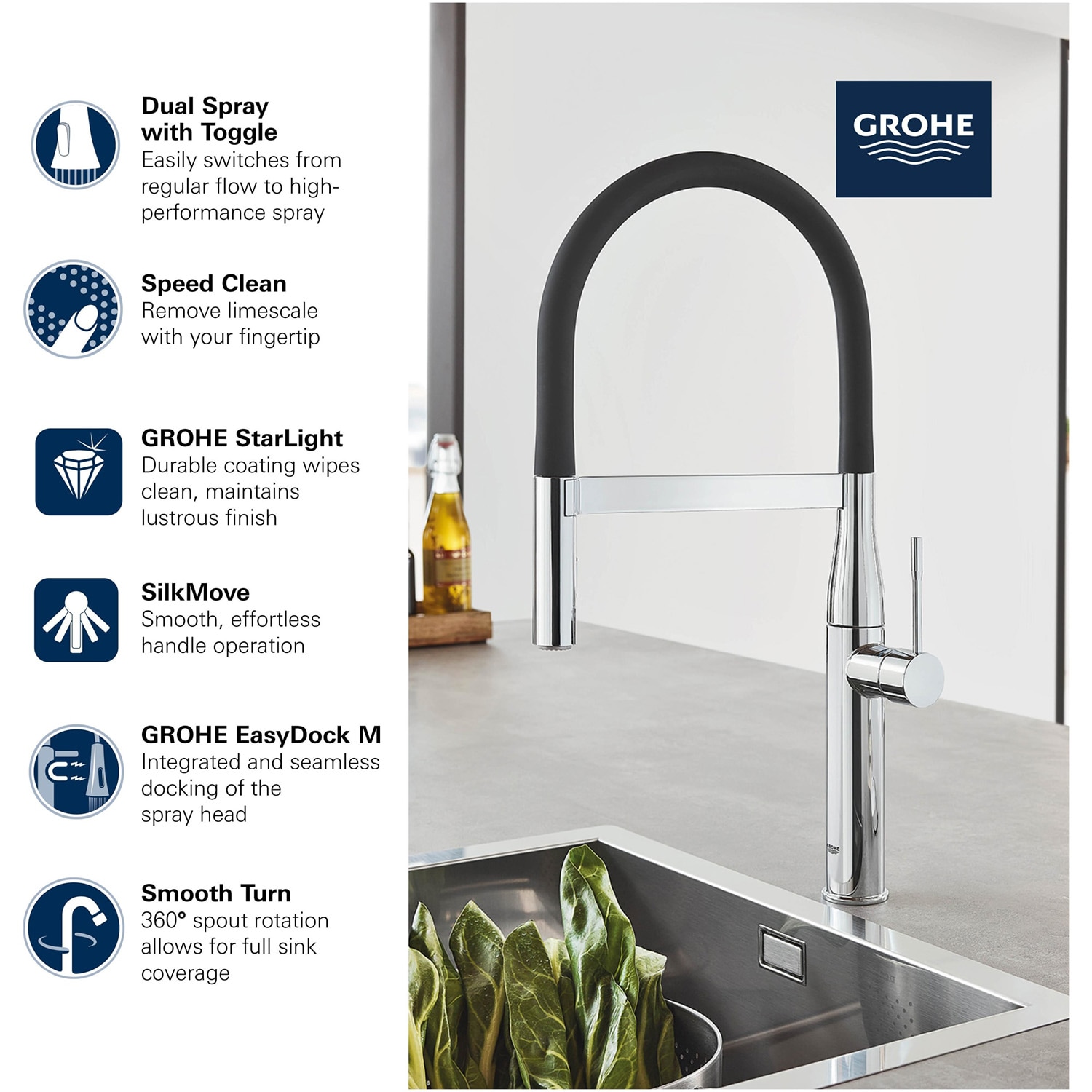 GROHE Essence Brushed Cool Sunrise Single Handle Pull-down Kitchen ...