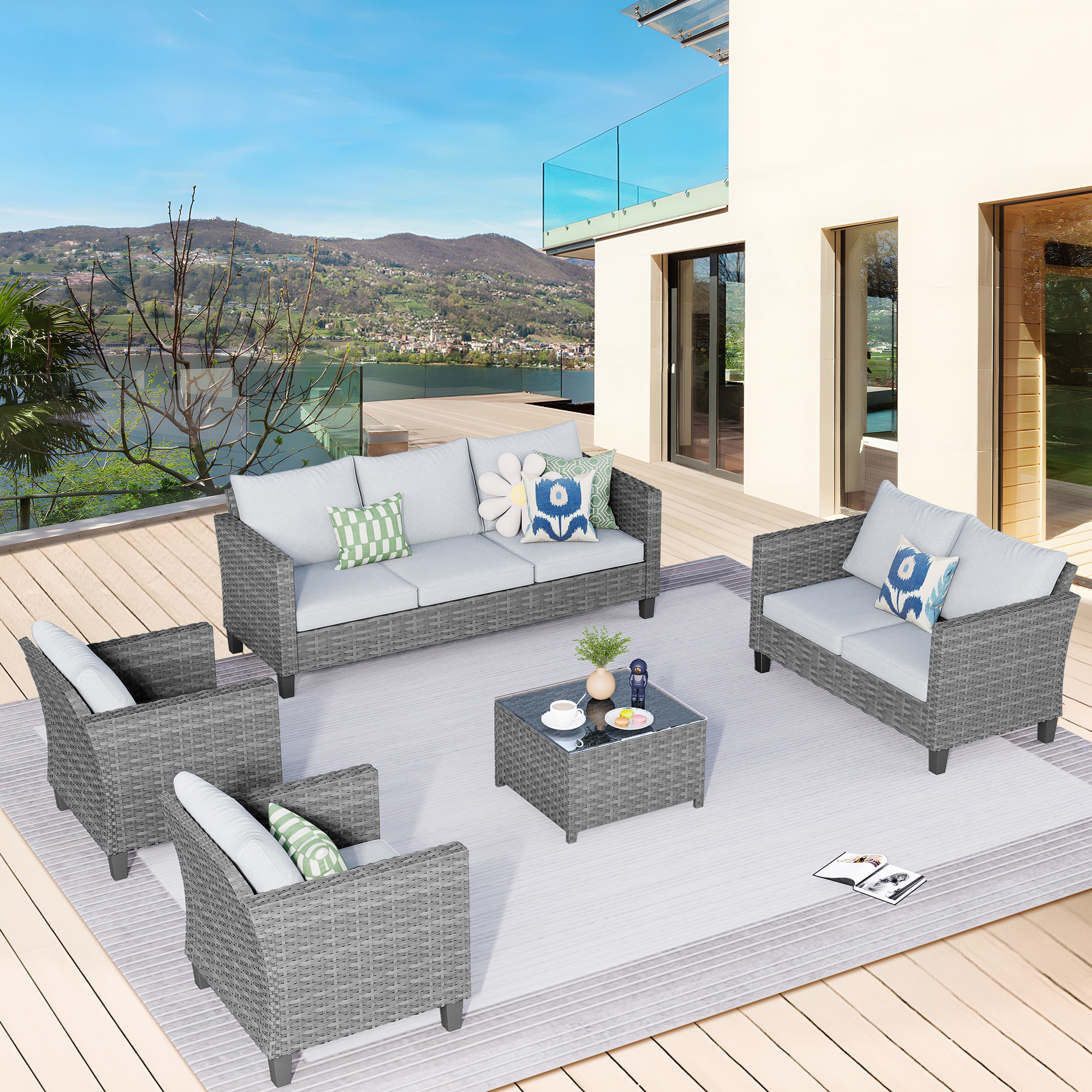 XIZZI XSQL7153T Gaea 5 -Piece Rattan Patio Sofa Conversation Set with Gray Cushions