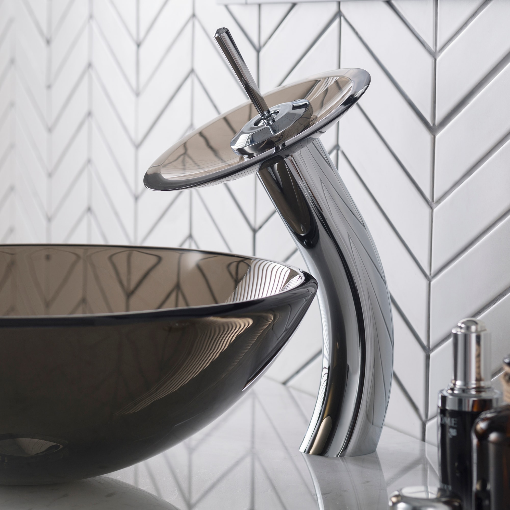 Chrome and Brown Glass Modern Vessel Bathroom Faucet