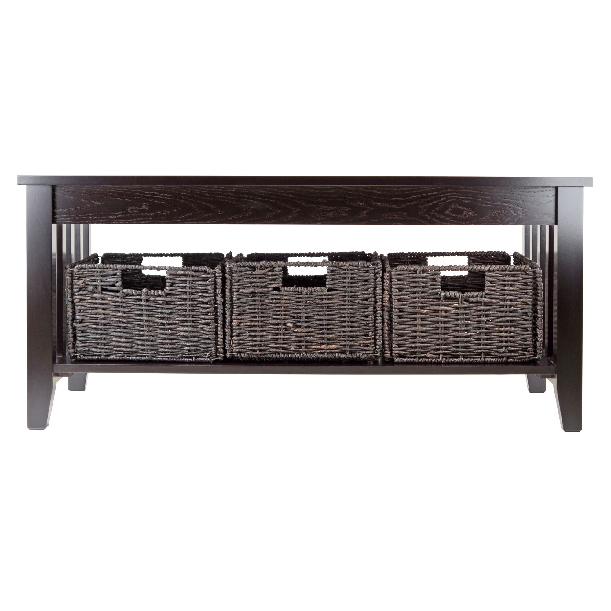 Espresso Brown Rectangular Wood Coffee Table with Storage Baskets