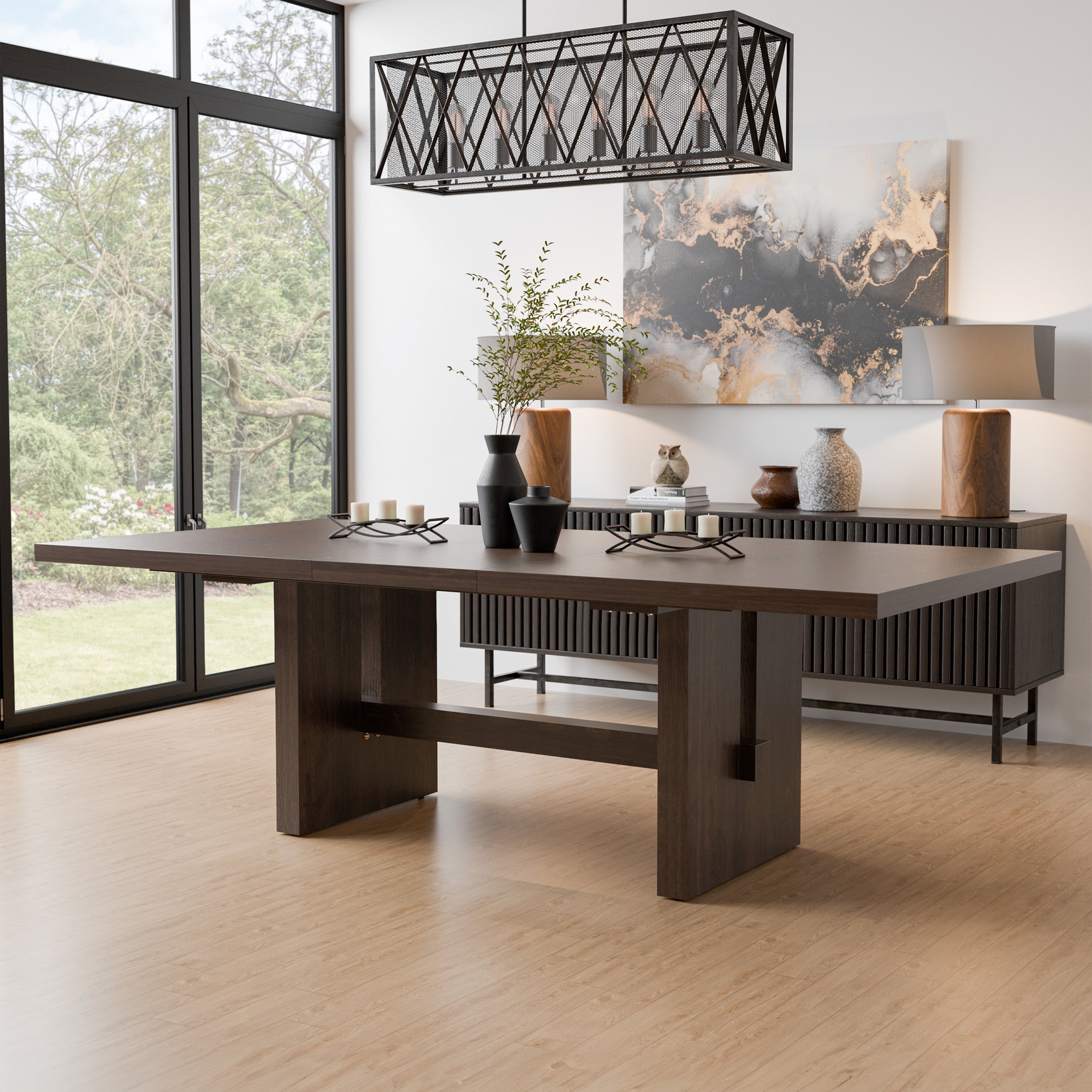 Furniture of America IDF-3420BR-T Joshi Dark Walnut Transitional Extending Drop leaf Dining Table, Wood with Dark Walnut Wood Trestle Base 108-Inches L x 30-Inches H
