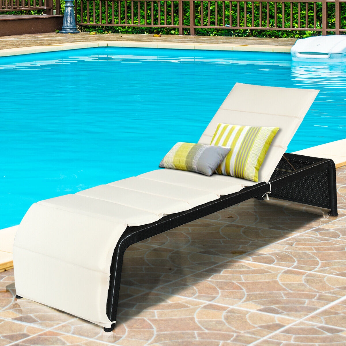CASAINC WF-HYSN-70500BL Adjustable Patio Rattan Lounge Chair with Cushioned Rattan White Resin Frame Stationary Recliner Chair with White Cushioned Seat