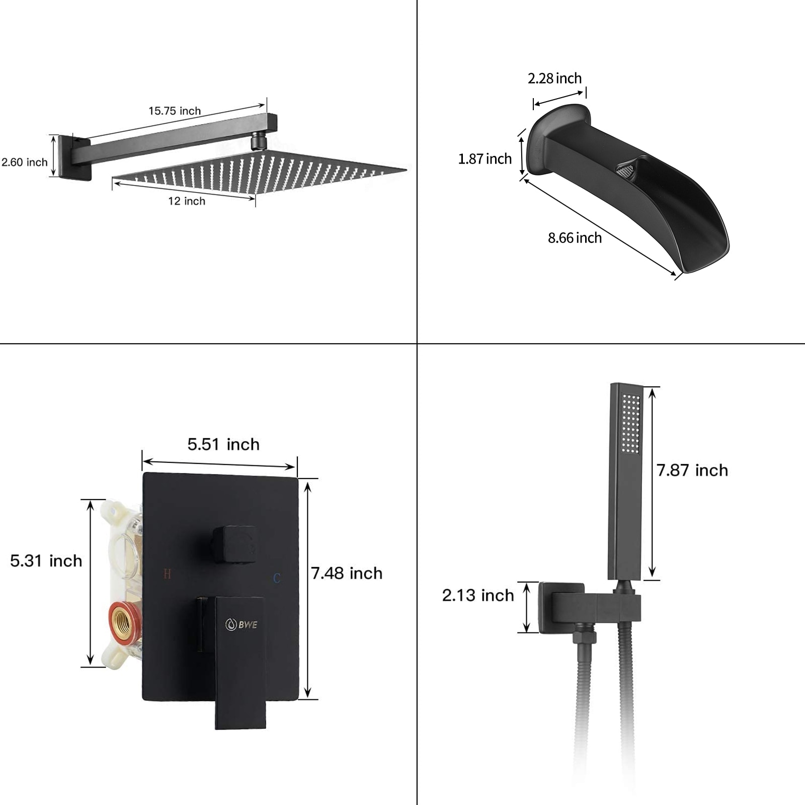 Matte Black Stainless Steel Square Rain Shower Faucet Set