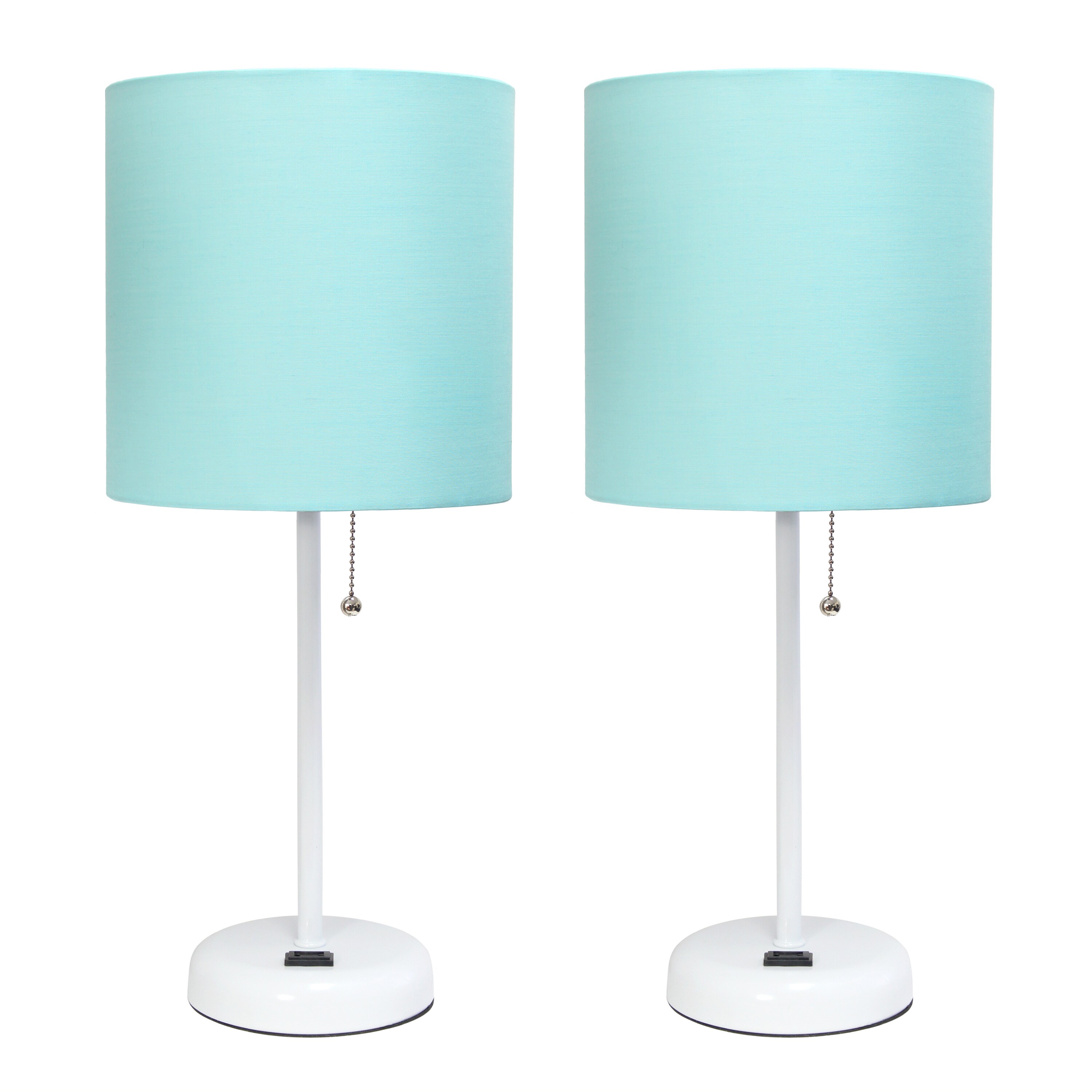 Creekwood Home CWT-2008-AW-2PK Oslo 19.5-in White Base/Aqua Shade LED Pull-chain Table Lamp with Fabric Shade 2 -Set
