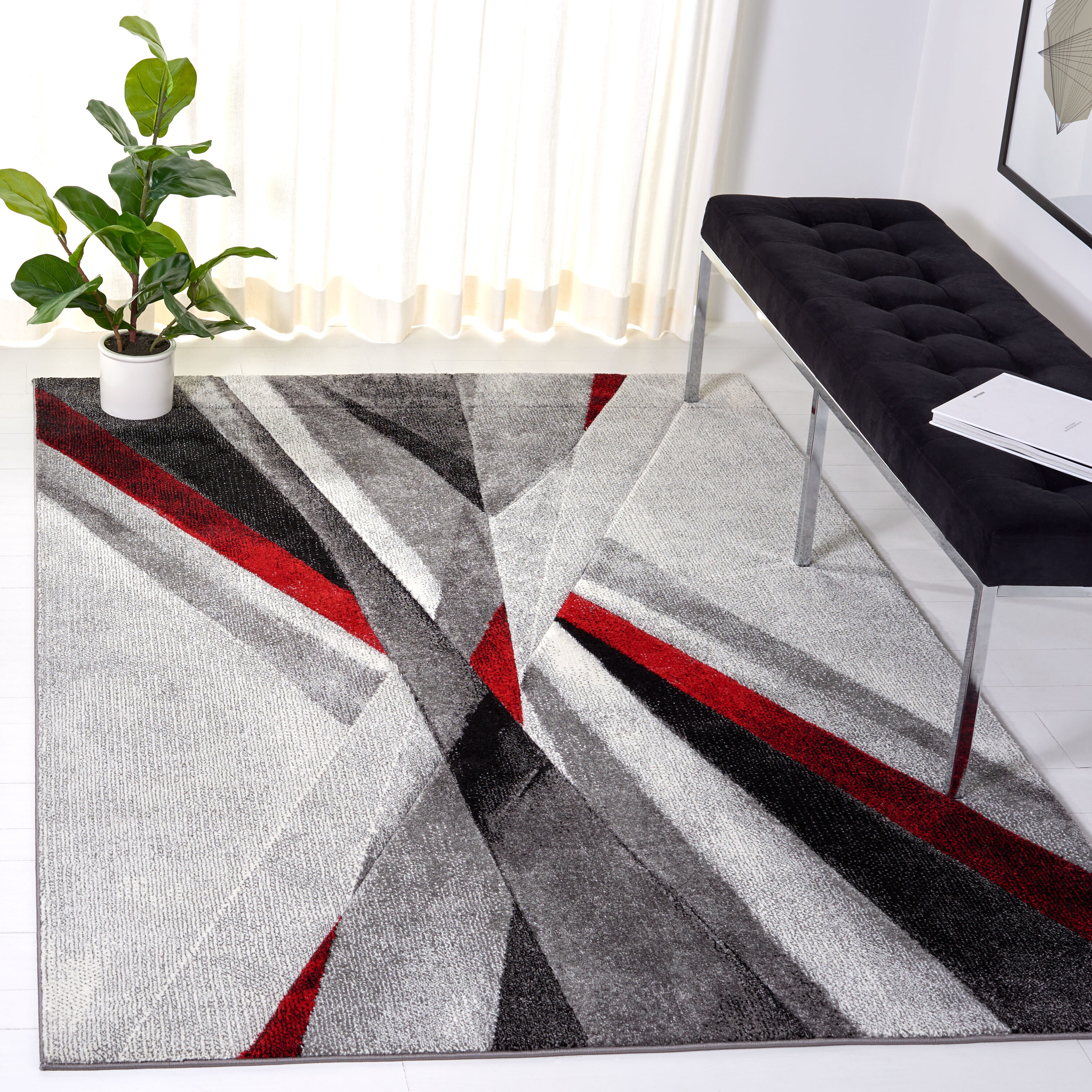 Hollywood 8 x 10 (ft) Loomed Polypropylene Gray/Red Rectangular Indoor Geometric Mid-Century Modern Professionally Clean Only Area rug