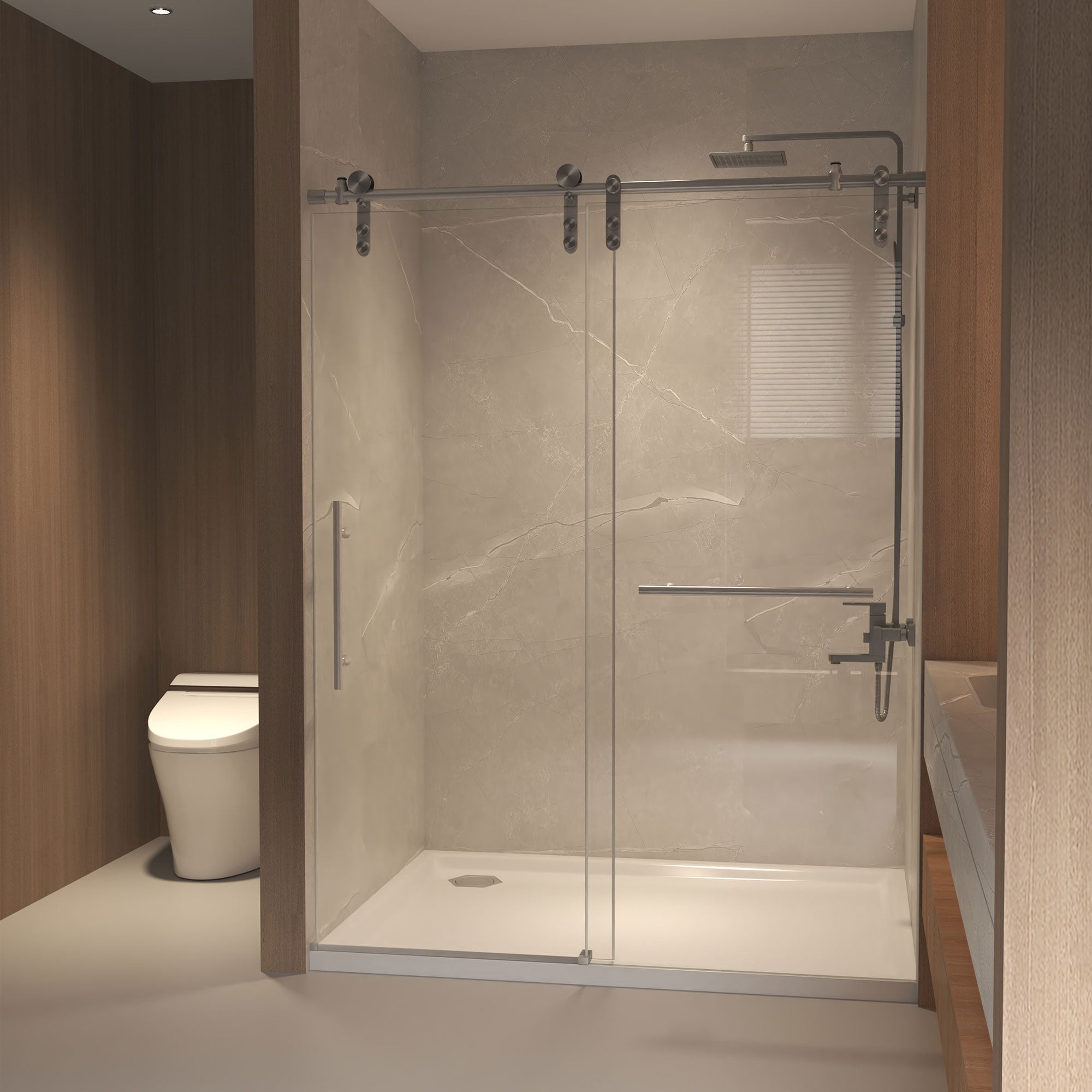 Vynxaria  44-48-in W x 76-in H Frameless Sliding Shower Door with 5/16-in Clear Tempered Glass and Brushed Nickel Hardware