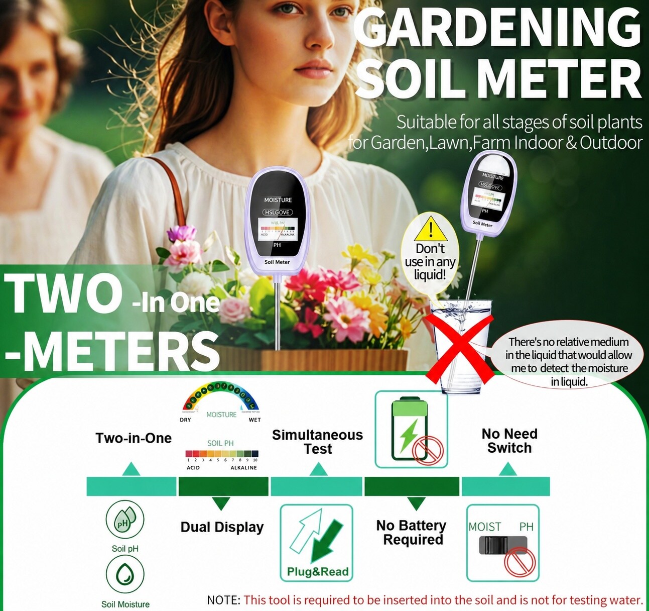 KHKFY Soil Test Kit 2 in 1 Soil Moisture Meter and Soil PH Meter Dual ...