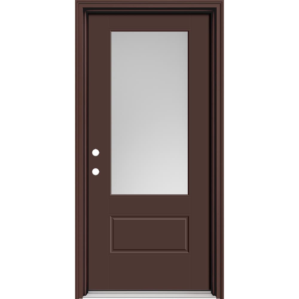 Masonite 640268 M-Protect 36-in x 80-in x 4-9/16-in Fiberglass 3/4 lite Right-hand inswing Chocolate Painted Prehung Slab Front Door with Brickmould Solid core