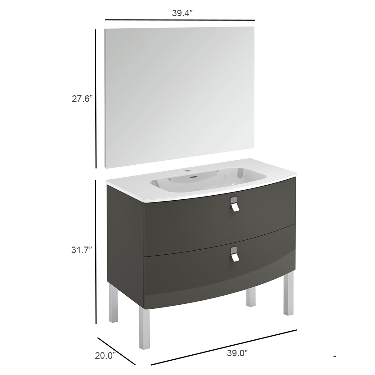 WS Bath Collections Rondo 39-in Anthracite Single Sink Bathroom Vanity with Ceramic White Ceramic Top (Mirror Included)