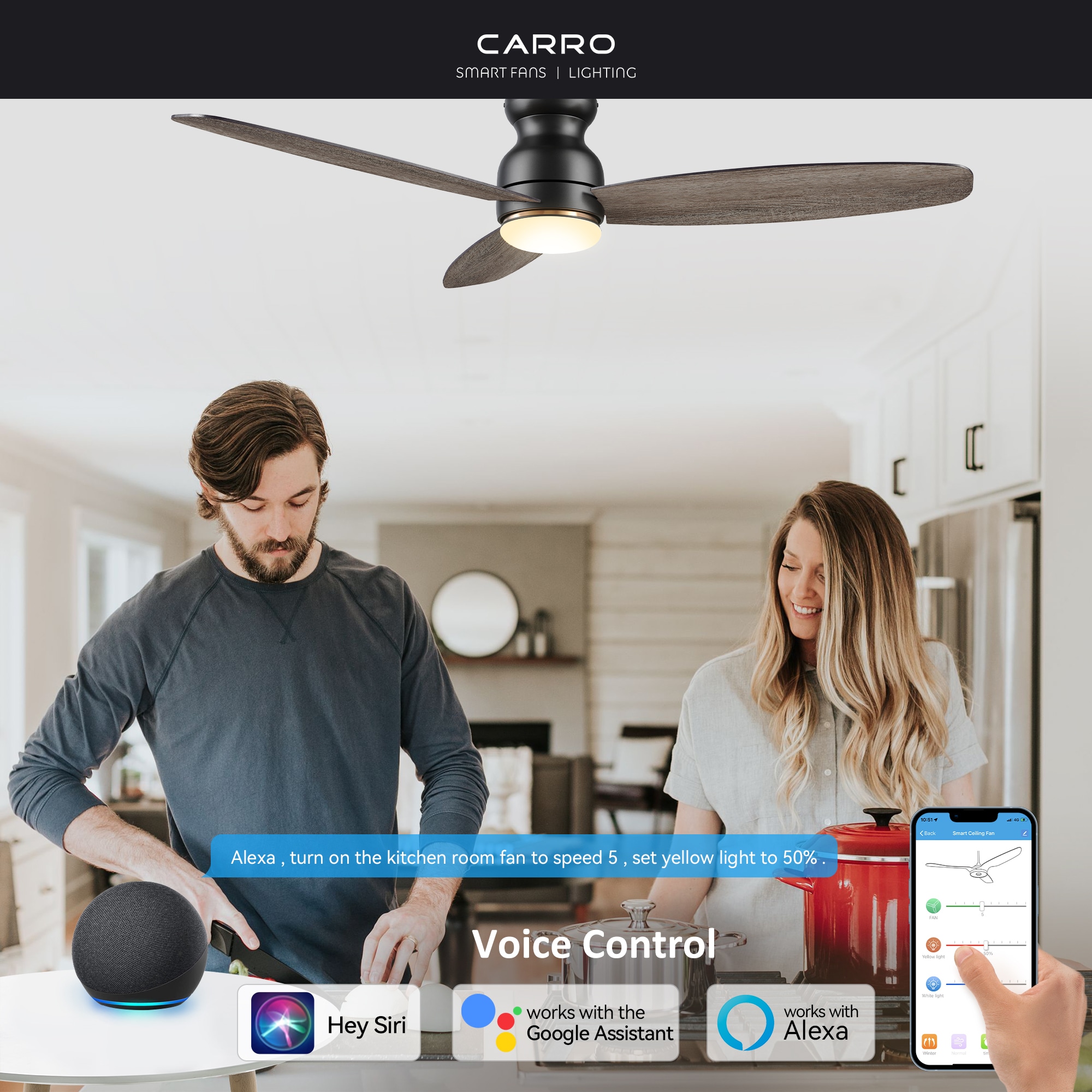 CARRO USA Trendsetter 60-in Black with Gray Oak Blades Indoor/Outdoor Flush Mount Smart Ceiling Fan with Light and Remote (3-Blade) LS603Q-L12-BO-1 Sansujyuku sansujyuku.com