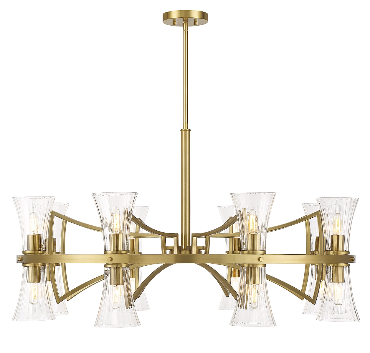 Bennington 16-Light Warm Brass Chandelier with Clear Ribbed Glass Shades