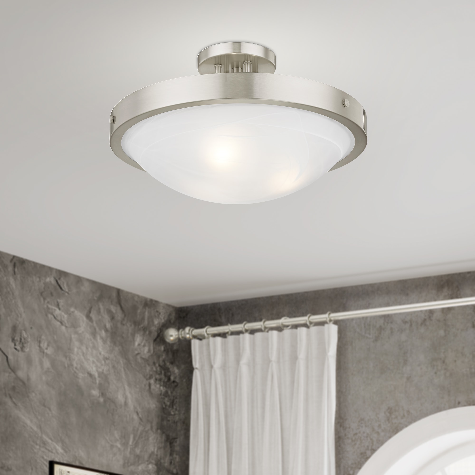 Brighton Alabaster Glass Bowl 3-Light Semi-Flush Mount in Brushed Nickel