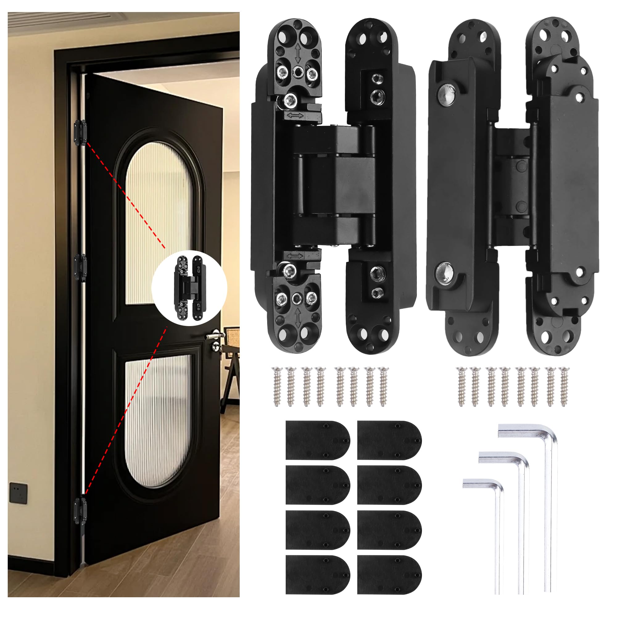 Justincity  6 Inch Hidden Door Hinges Zinc Alloy Concealed Invisible Swing Hinges 180 Degree Adjustable Butt Hinges Black Pack of 2