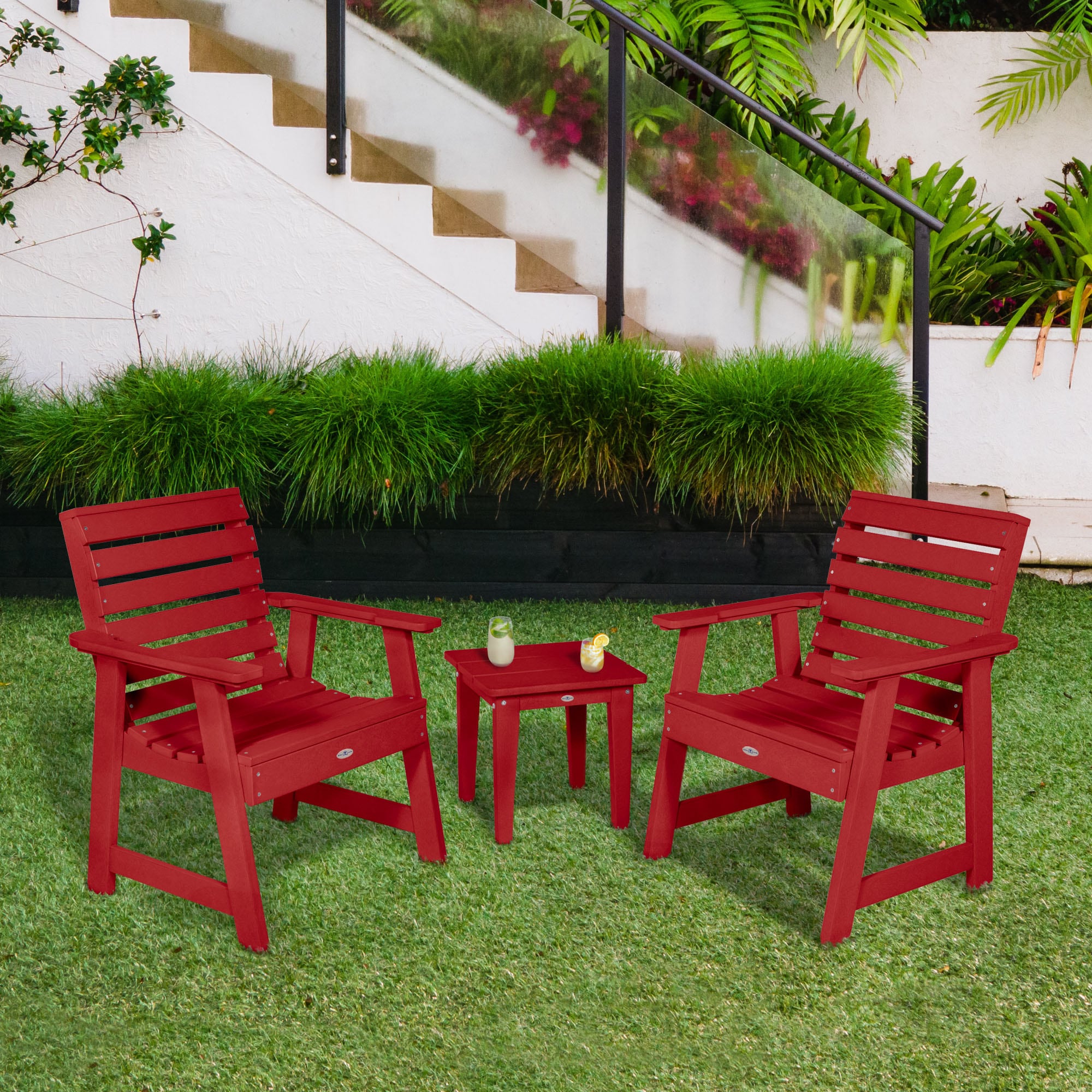 highwood BV-KT3CHGR101-BRE Riverside Set of 2 Boathouse Red HDPE Frame Stationary Conversation Chair with Slat Seat