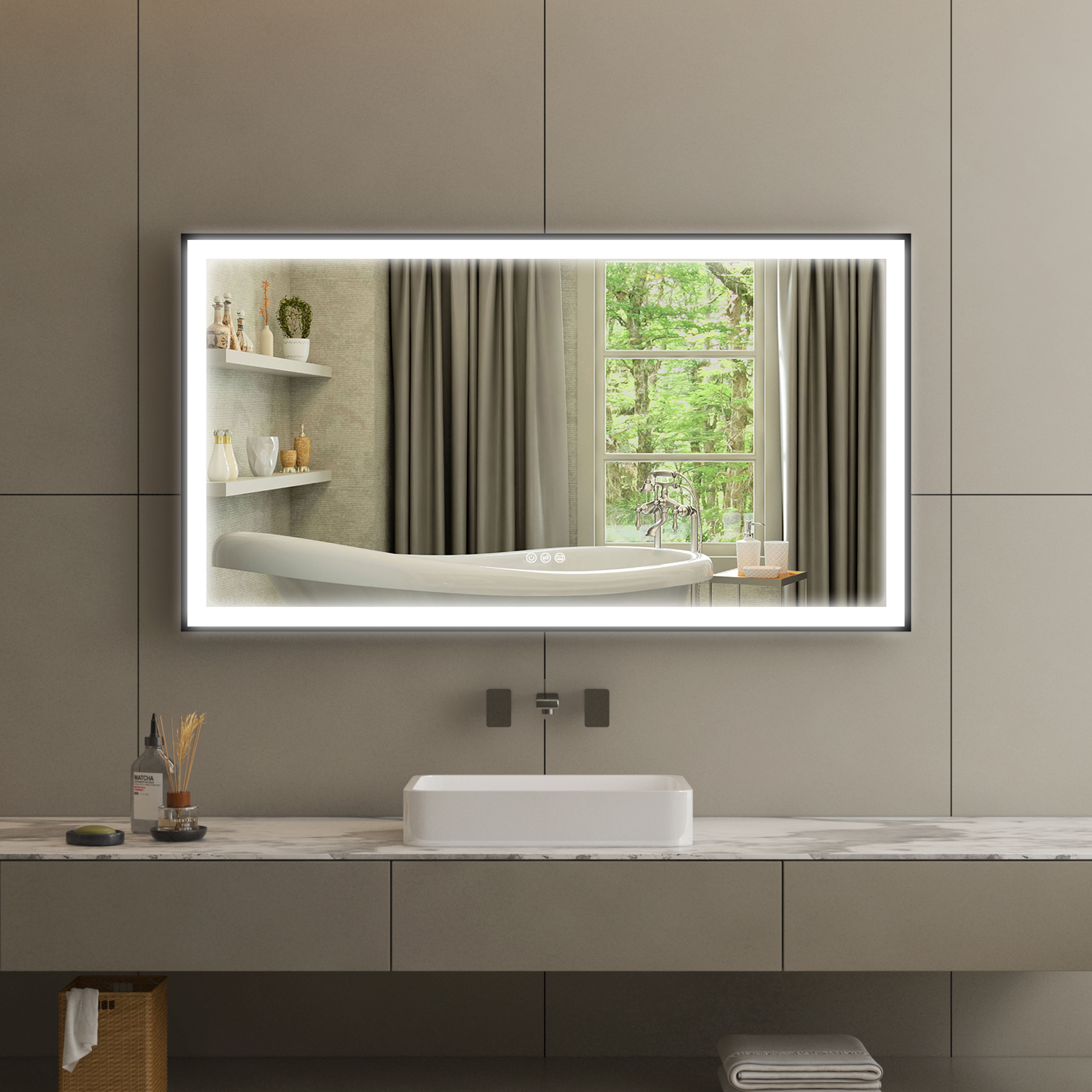 Forclover FLW-ER5530B 55-Inches x 30-Inches Framed Rectangle Dimmable Lighted Fog Free Bathroom Vanity Mirror ( Matte Black )