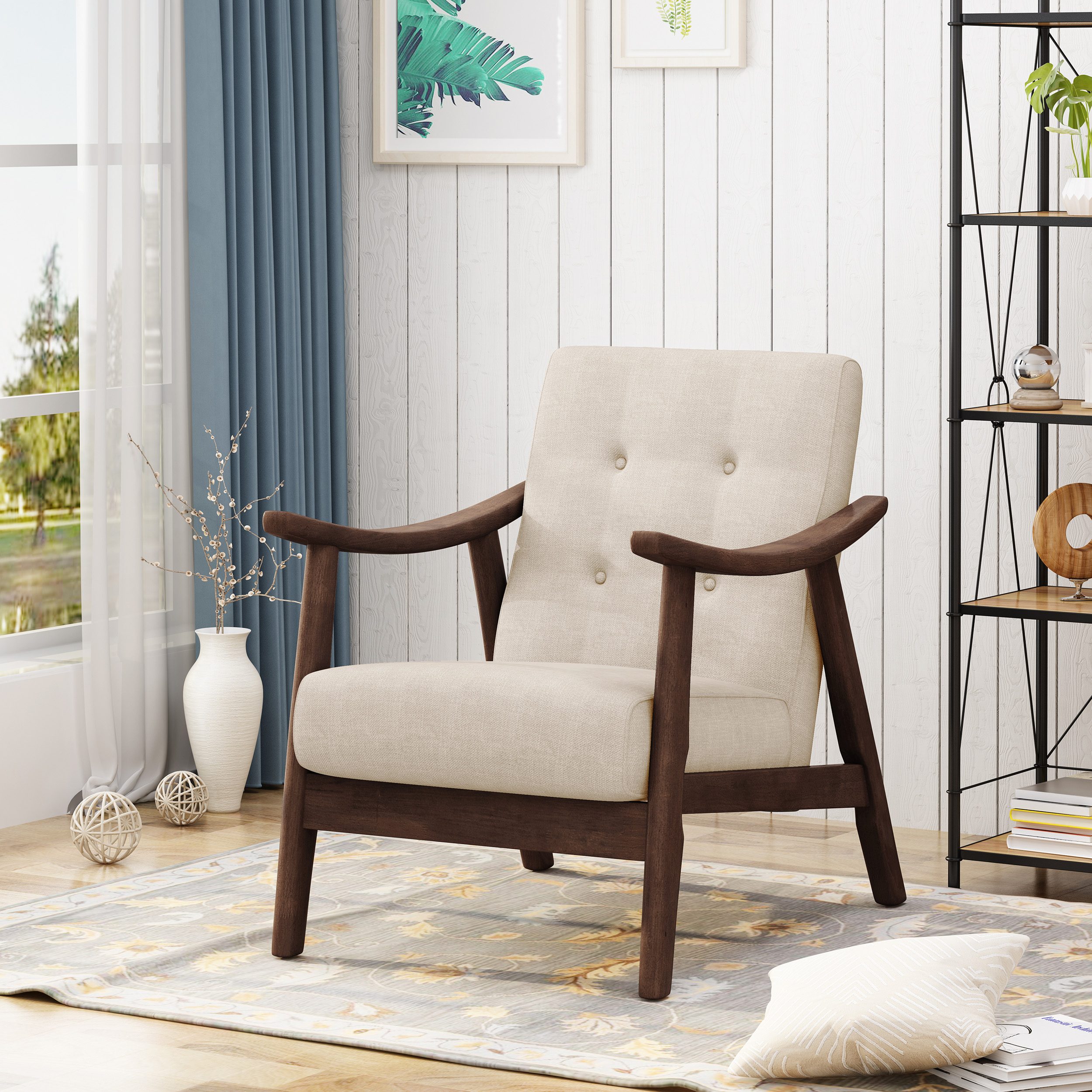 Dexmalle 63831.00BGE Modern Tufted Accent Chair with Brown Frame