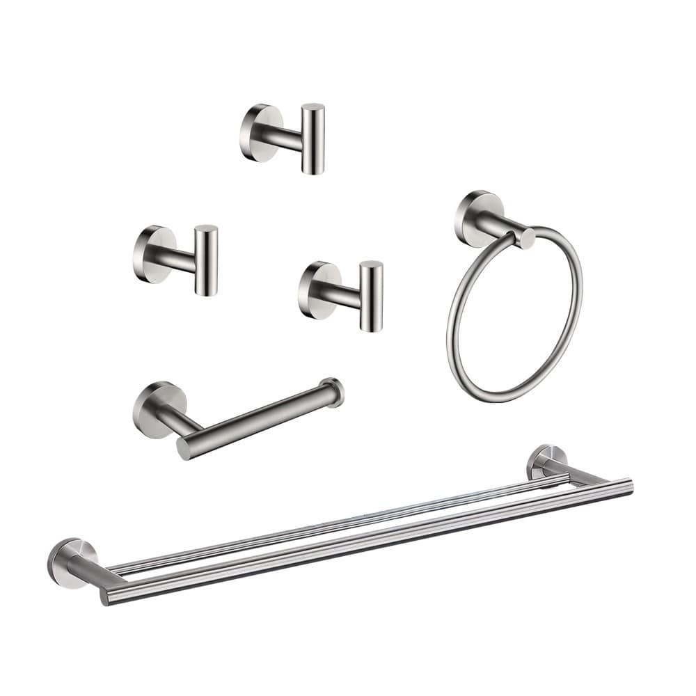 LuckByte 6-Piece Stainless Steel Bathroom Set with 24 in. Bath Towel Bar,Towel Ring for Wall Mounted in Brushed Nickel