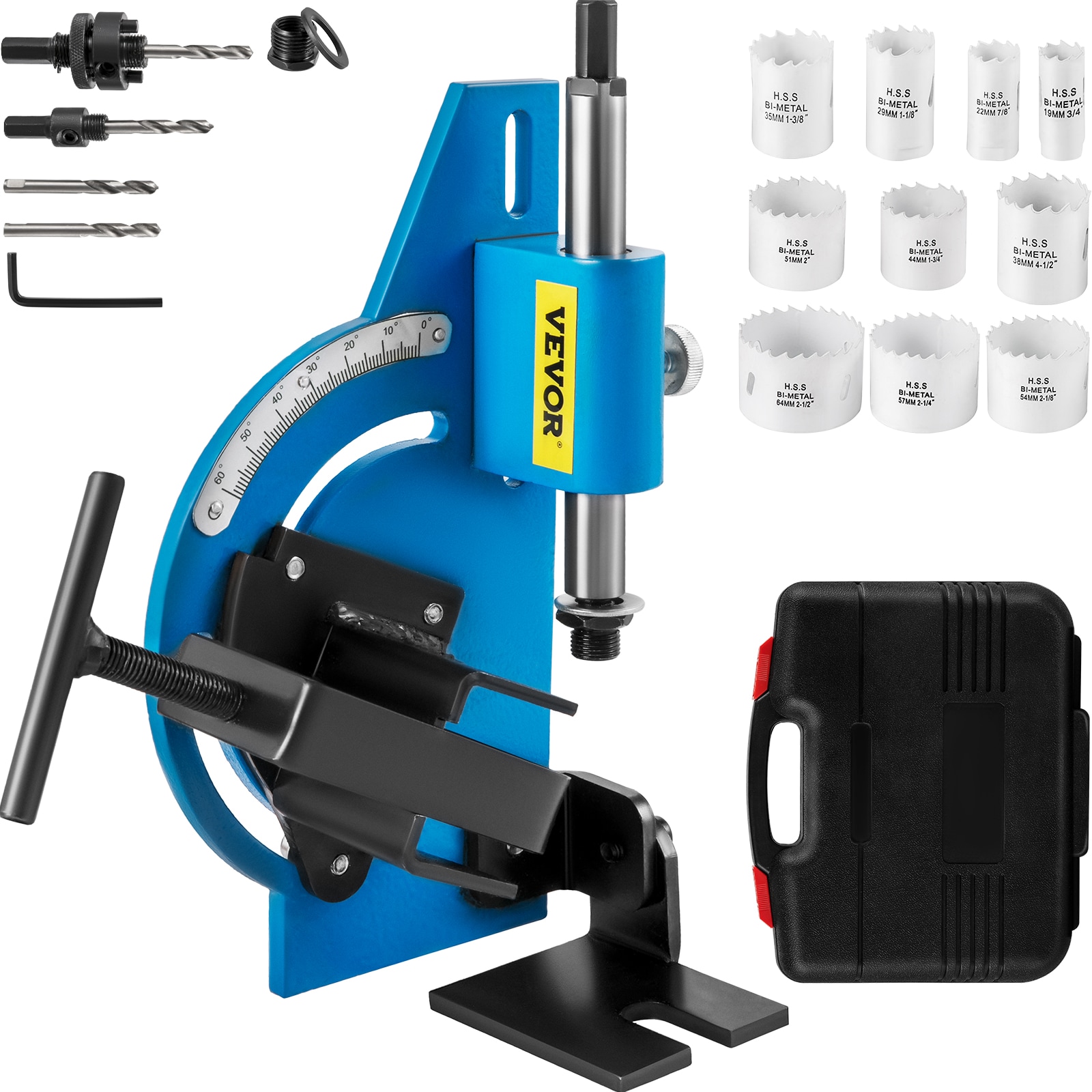 VEVOR GQKJTPN12--13ZQDBV0 Tube Notcher Kit 60 Degree Pipe Tubing Notcher with 13 Pc Bi-metal Hole Saw 3/4-2-1/2 with Case Tubing and Pipe Notcher 2 Drills Tube Notcher Tool For Cutting Holes Through Metal, Wood, Plast