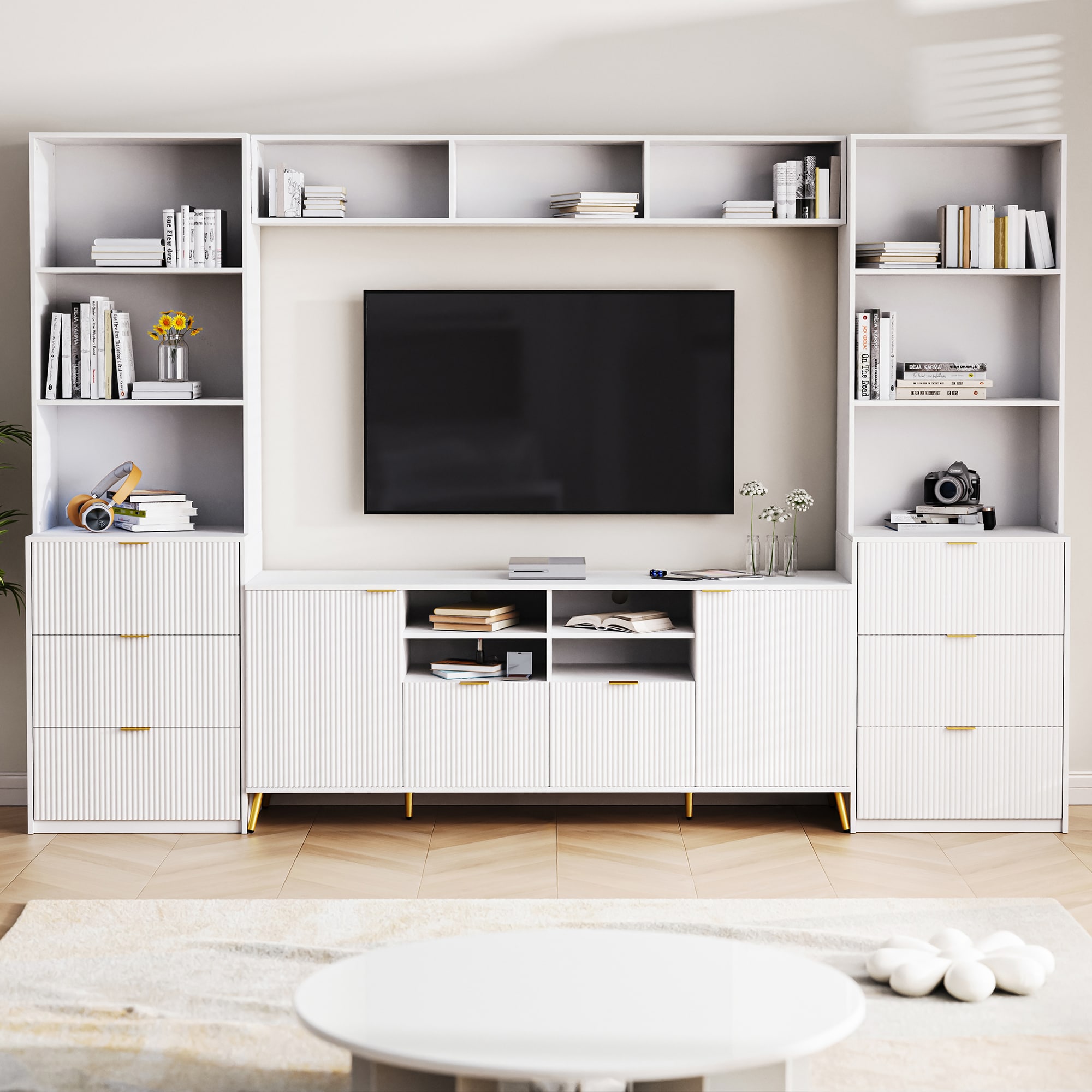ModernLuxe L3P-SJ000116AAK 4Piece Entertainment Wall Unit with 13 shelves8 Drawers and 2 Cabinets Multifunctional TV Stand Media Storage Cabinet with Fluted Line Surface for Living Room for TVs Up to 70inch