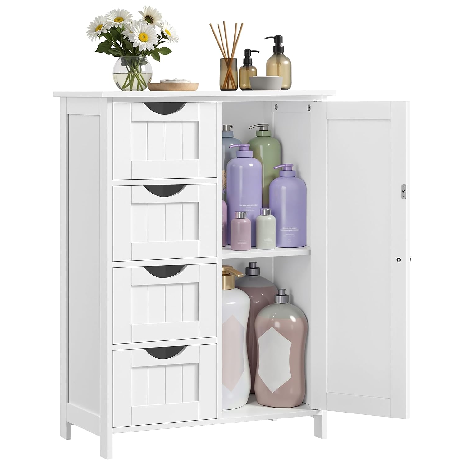 Fredees Freestanding Floor Storage Cabinet with 4 Drawers and Adjustable Shelf 13.8 x 25.6 x 35.4 Inches for Bathroom Living Room Kitchen and Hallway