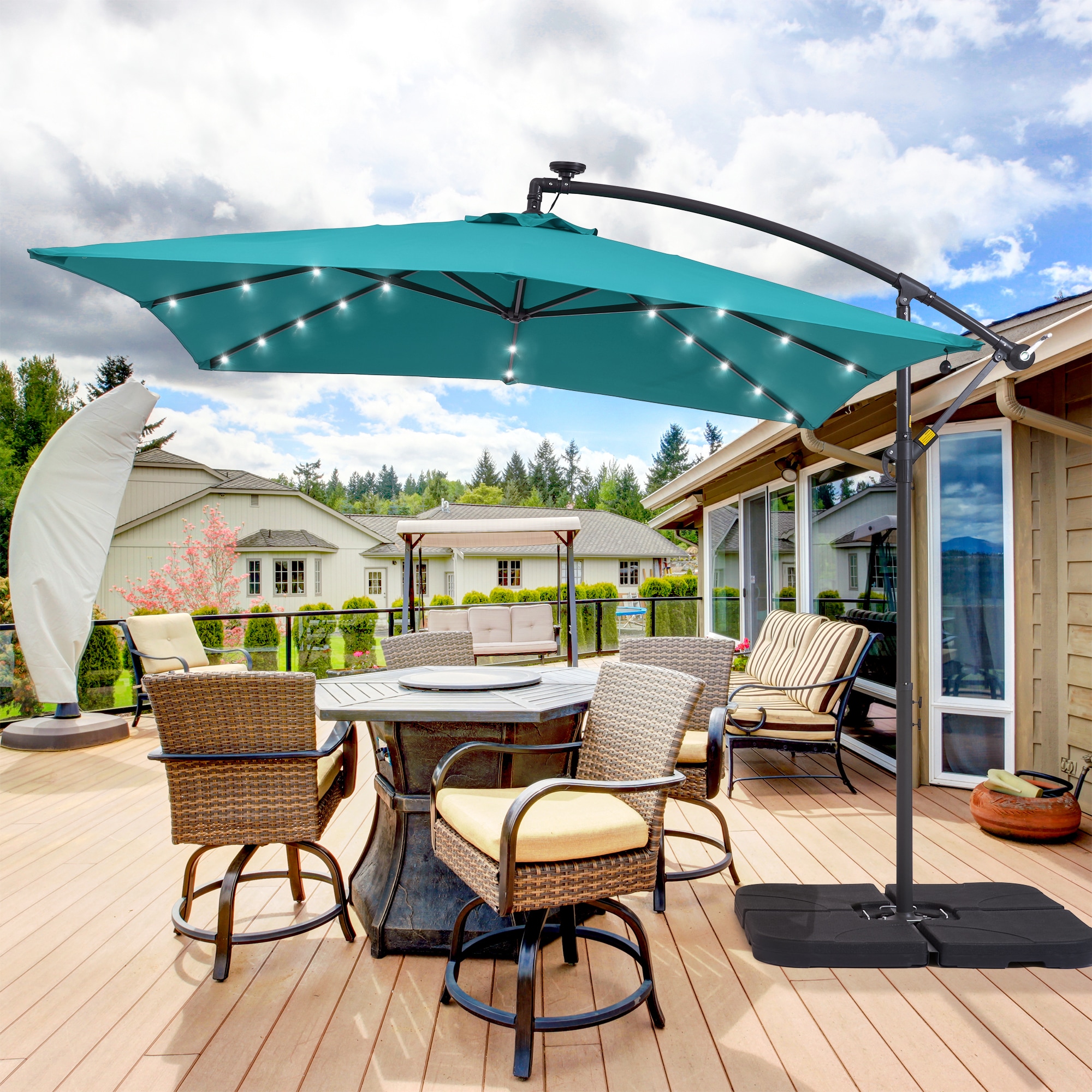 ACEGOSES LW-64LB 8.2-ft Steel Blue No-tilt Offset Patio Umbrella with Lights with Base