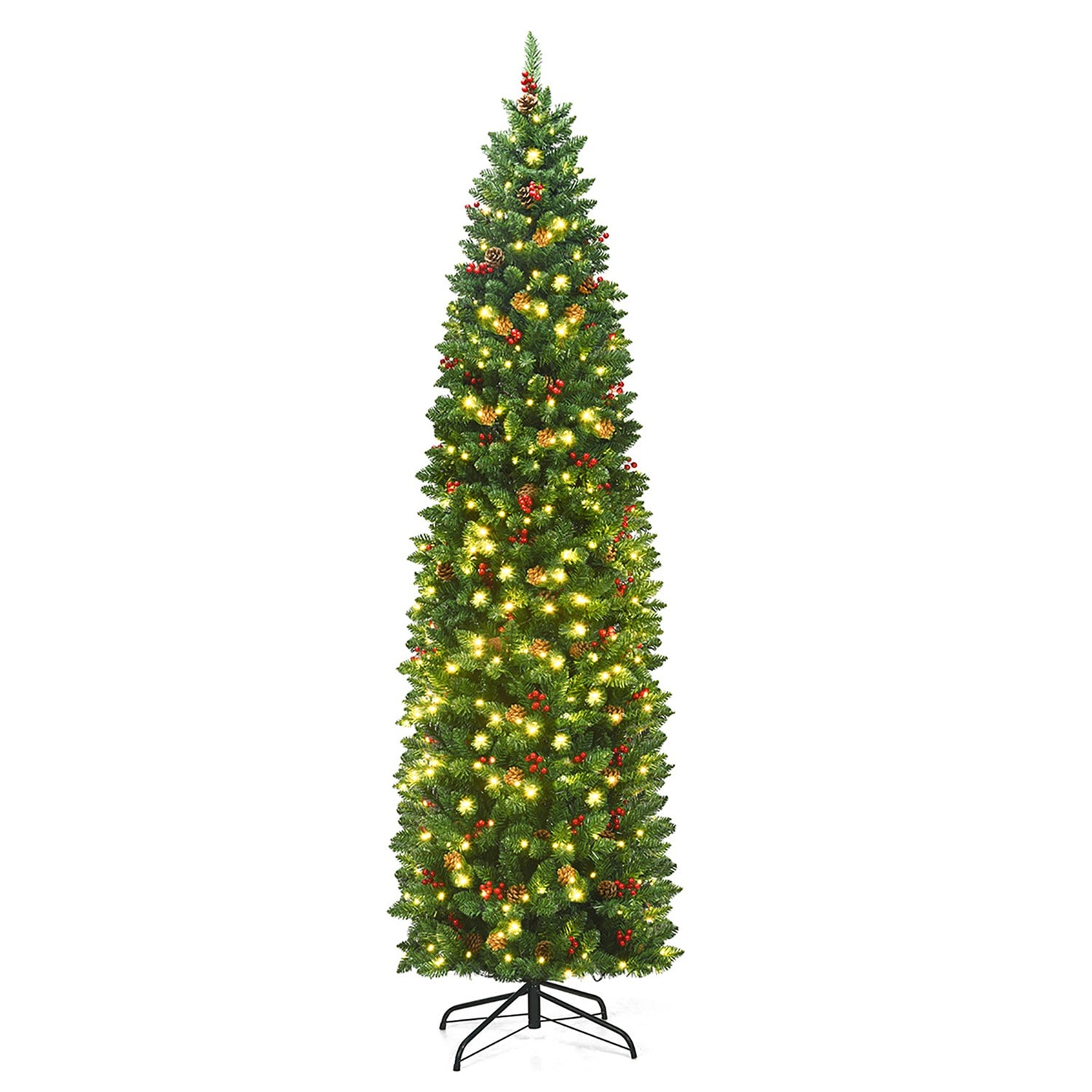 Costway CSHY000418 7.5Ft Pre-lit Hinged Pencil Christmas Tree with Pine Cones Red Berries and 350 Lights