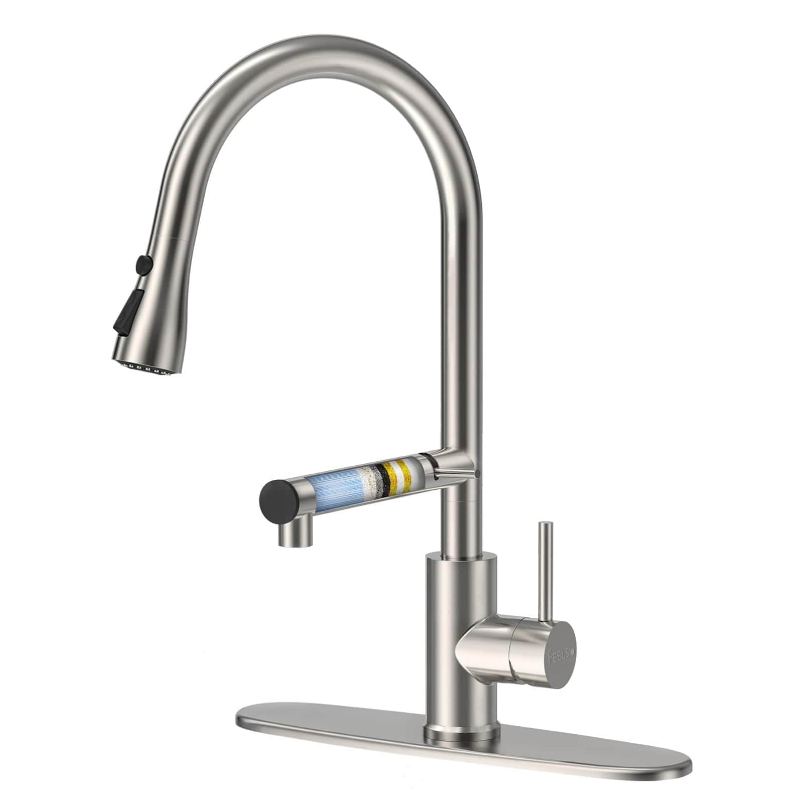 Etokfoks Stainless Steel Pull Down Kitchen Faucet with Built In Water Filter 3 Spray Modes Dual Outlet 1 Piece for Lead Chlorine Removal #LET1228F05