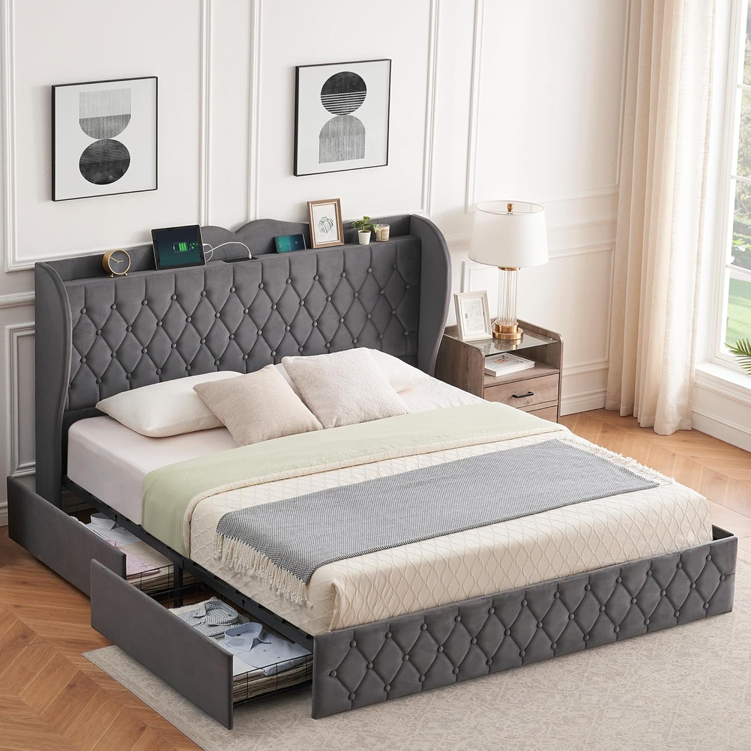 Qeetex LHF-BED-PHO-0Z6RPRNX King Metal Bed Frame with Velvet Upholstered Headboard and and Charging Station King Platform Bed Frame with 4 Storage Drawers Solid Wooden Slats Support No Box Spring Needed Grey
