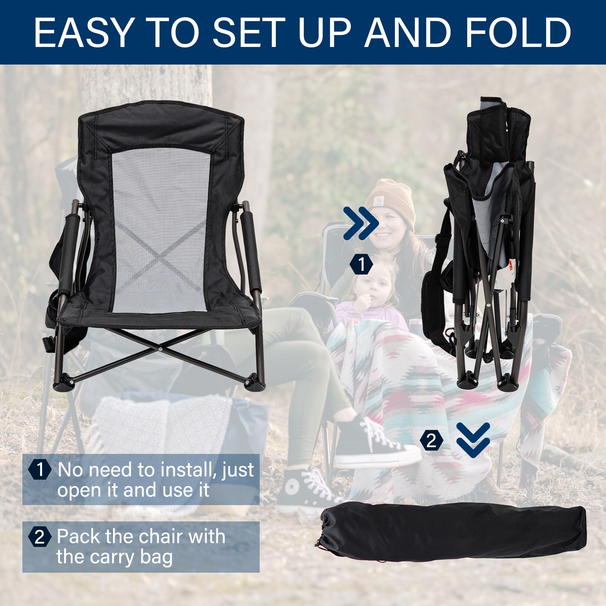 SunnyFeel Black Mesh Low Folding Camping Beach Chairs with Armrests, Set of 2