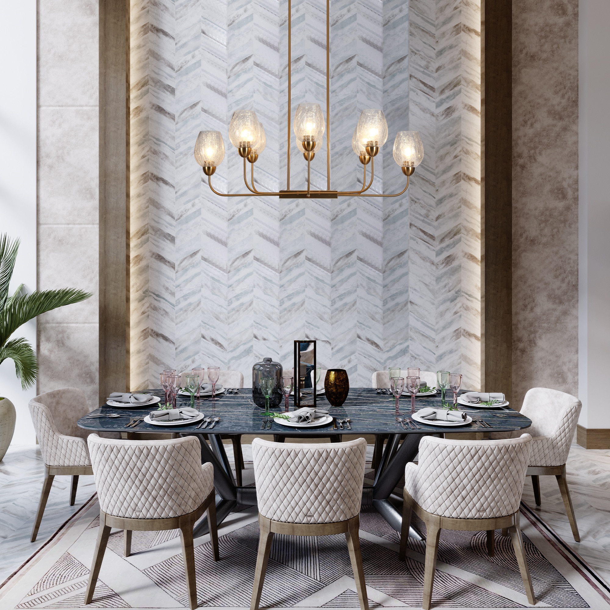 Gold Brass 8-Light Chandelier with Crackled Glass Shades
