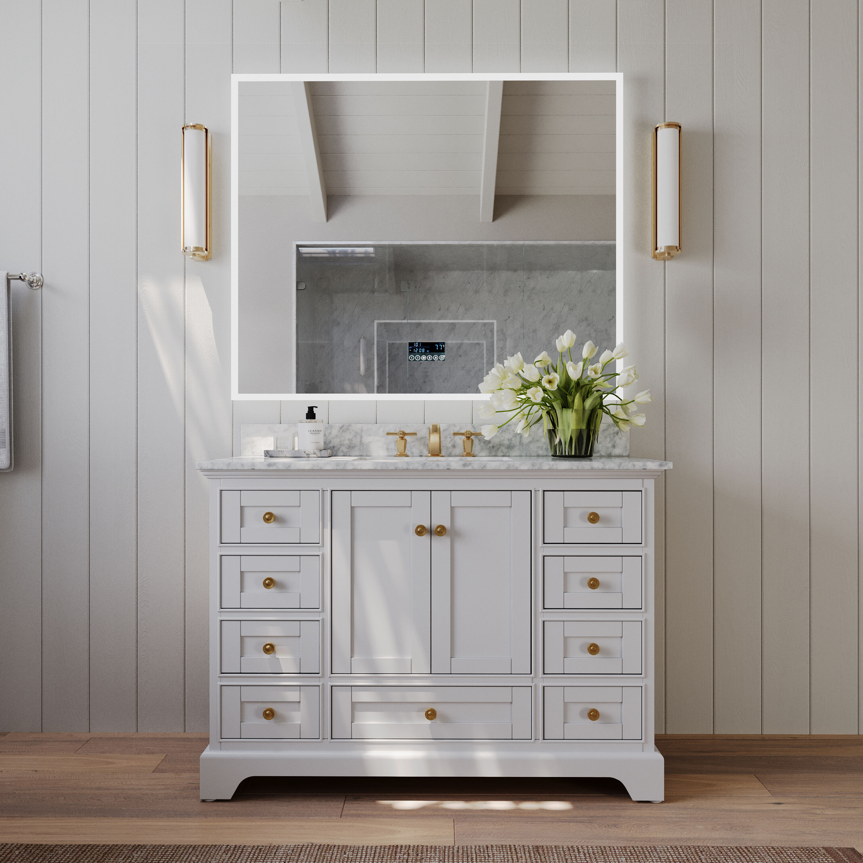 Classic 70 in. Bath Vanity in White with Carrara Marble Vanity Top with White Basins and 1 Large Mirror