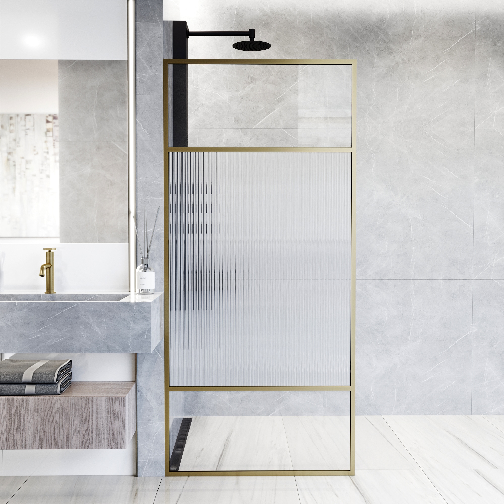VIGO VG6093MGFL3474 Essex Matte Brushed Gold 34-in W x 74-in H Framed Fixed Shower Door 3/8-in Thick Patterned Glass