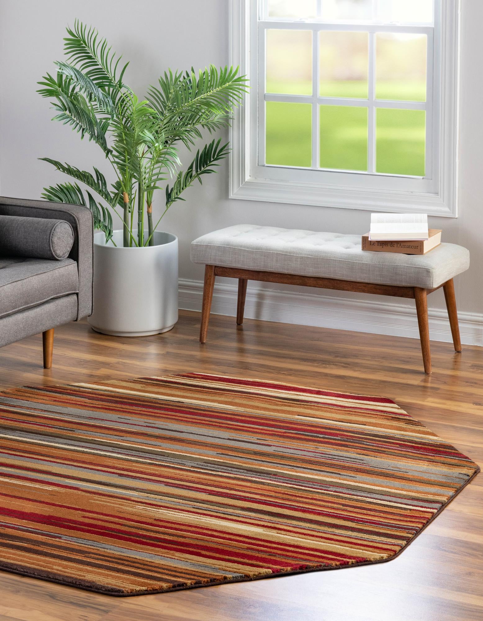 Unique Loom 3163968 Barista 7 x 7 (ft) Loomed Polypropylene Beige Octagonal Indoor Stripe Area rug