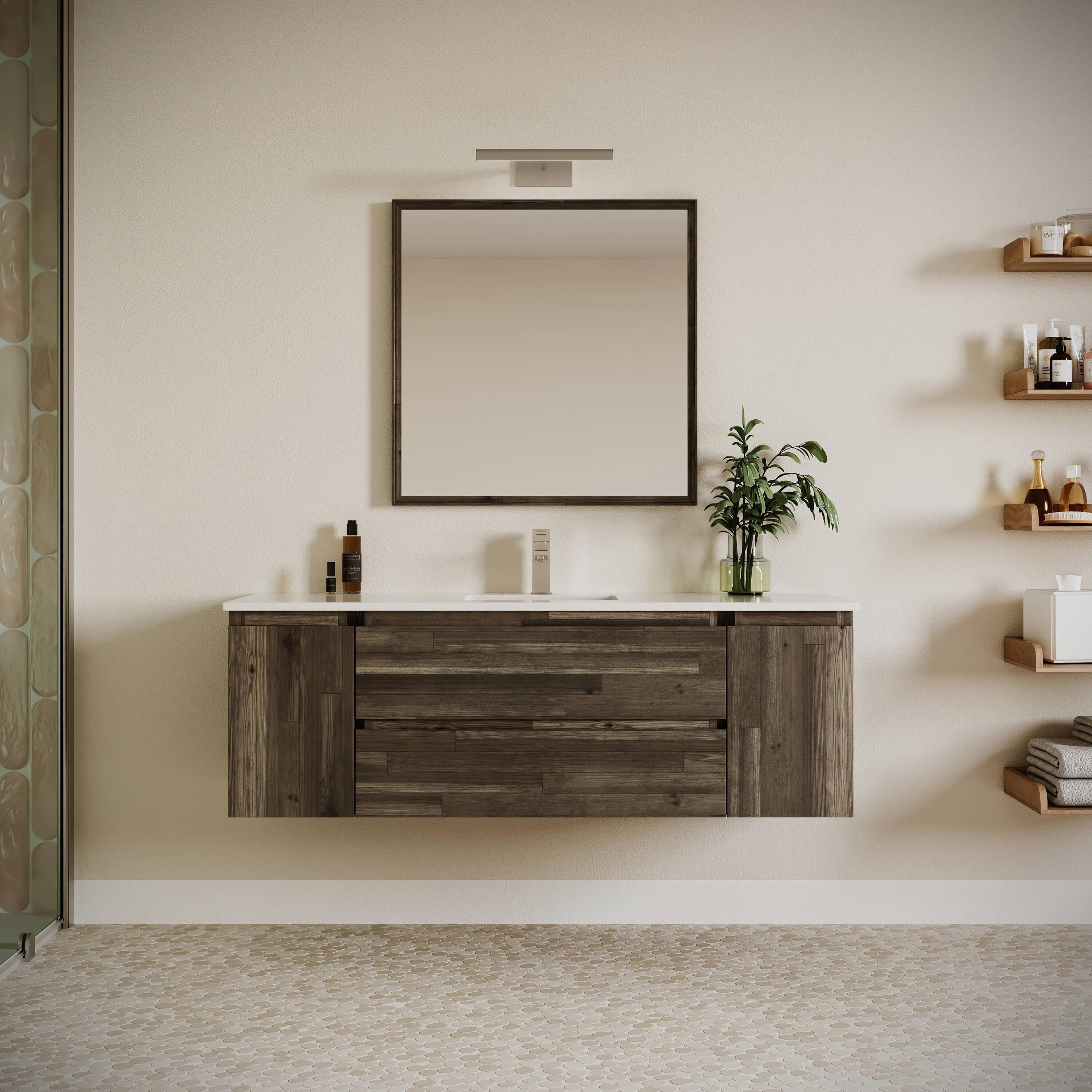 Fresca FVN31-123612ACA Formosa 60-in Acacia Wood Undermount Single sink Floating Bathroom Vanity with White Quartz Top (Mirror Included)
