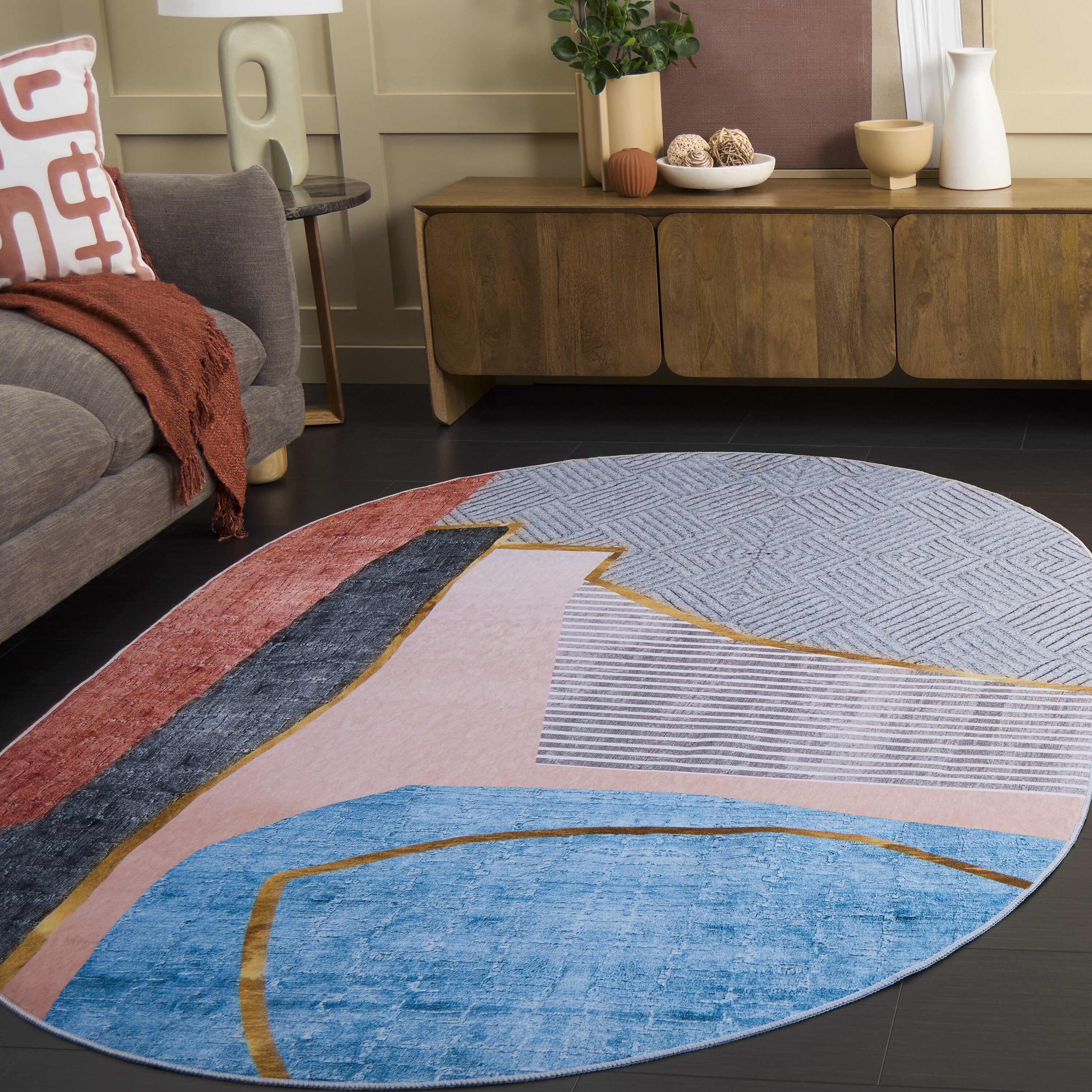 Tacoma 834B Beige Blue Machine Washable/Slip Resistant 5ft x 8ft Contemporary Rug