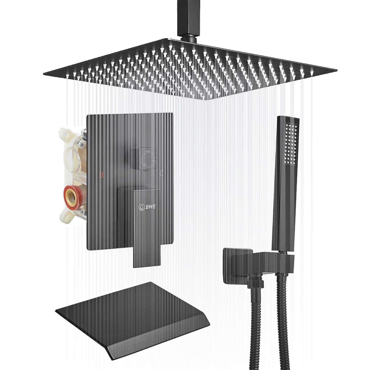 BWE A-95014-BLACK-S A-95014 Shower Faucet Matte Black 1-handle Multi-function 12-Inches Square Bathtub and shower Faucet with Valve