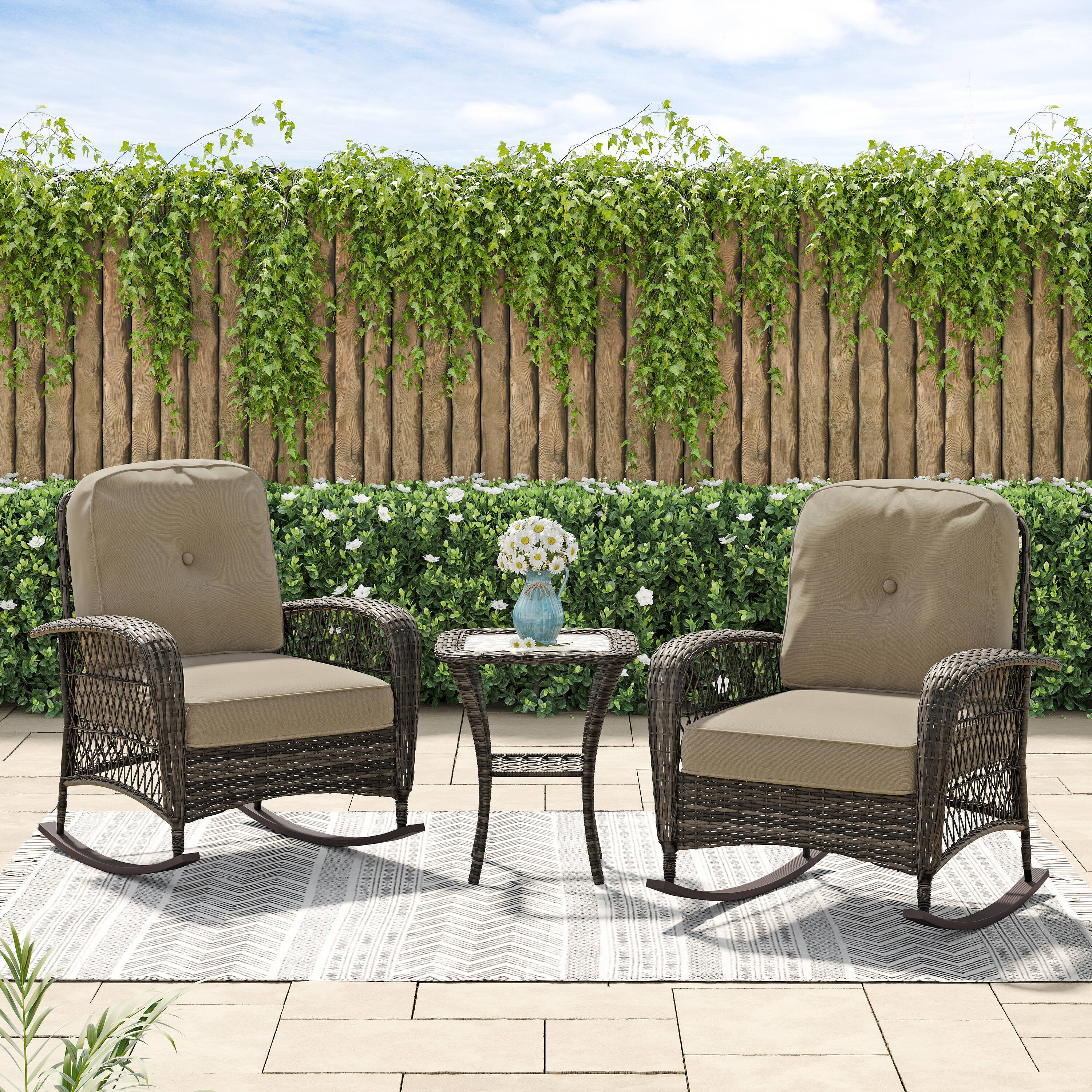 Octans SL2C00127 3 -Piece Wicker Patio Conversation Set with Brown Cushions