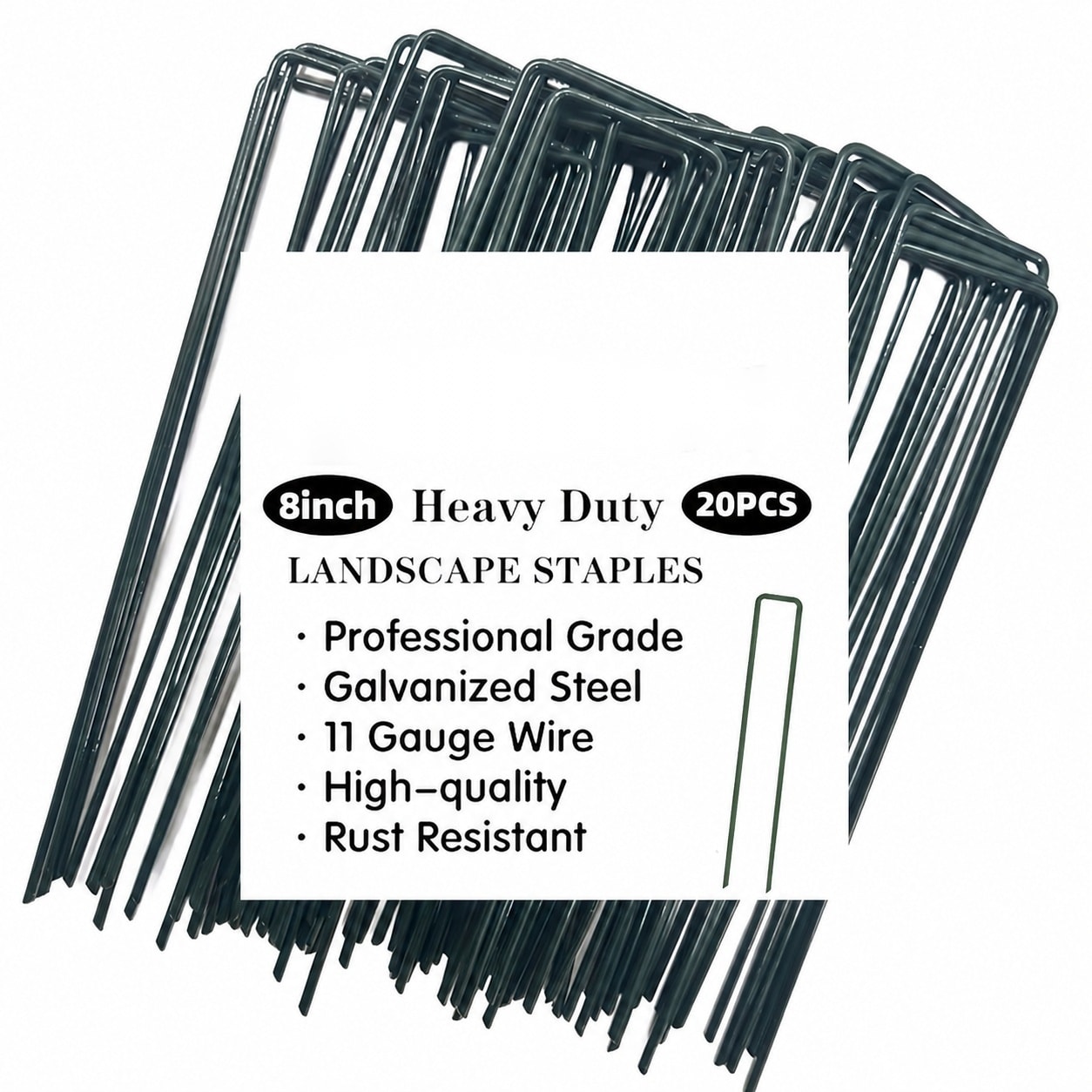 Check Pin Ground KIWDZFU 8 inch 20 pack green galvanized landscape staples 11 gauge U ...