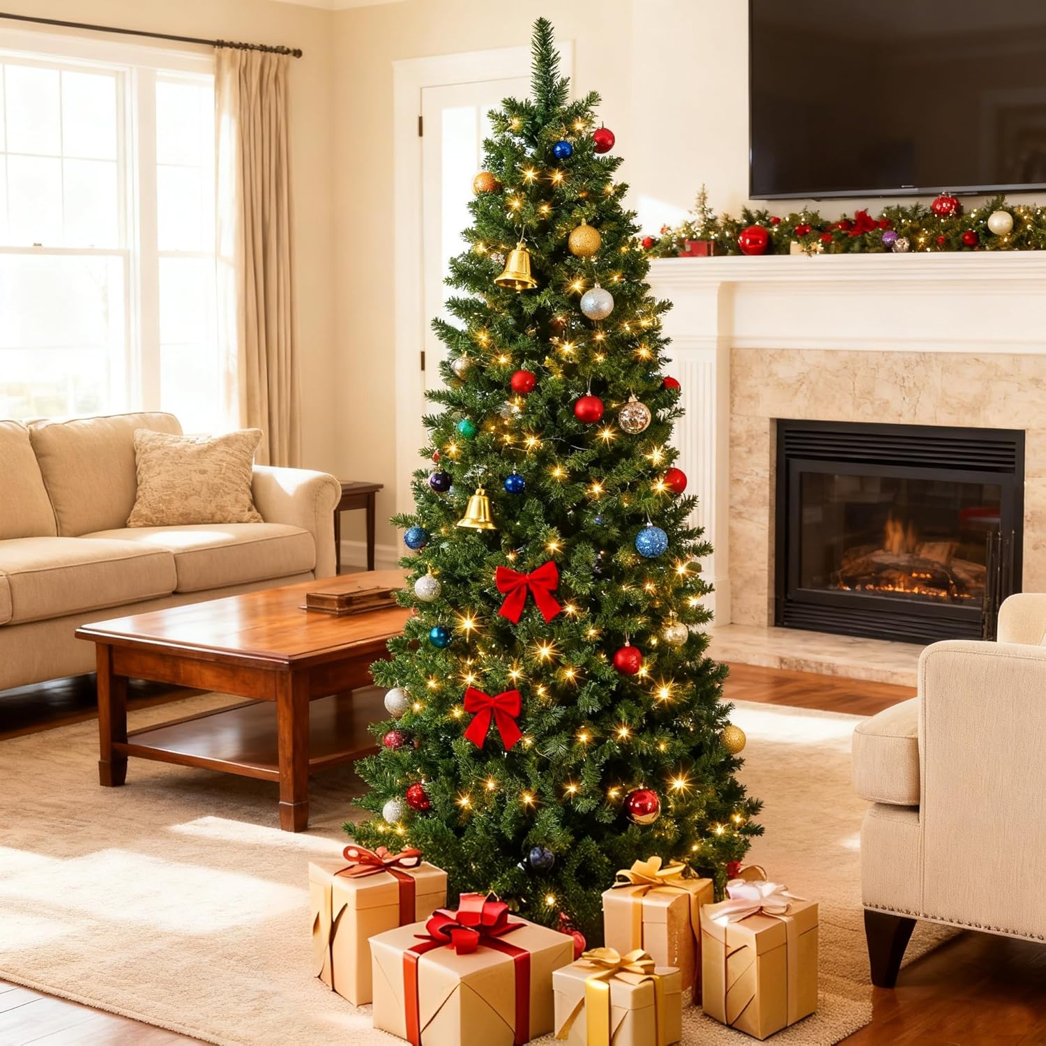 Qeetex DYQ-PHK-35HH63BW 6ft Pre-Lit Slim Artificial Christmas Tree  Hinged Xmas Tree with Hinged Structure and Metal Stand for Home  Shops and Holiday Decoration