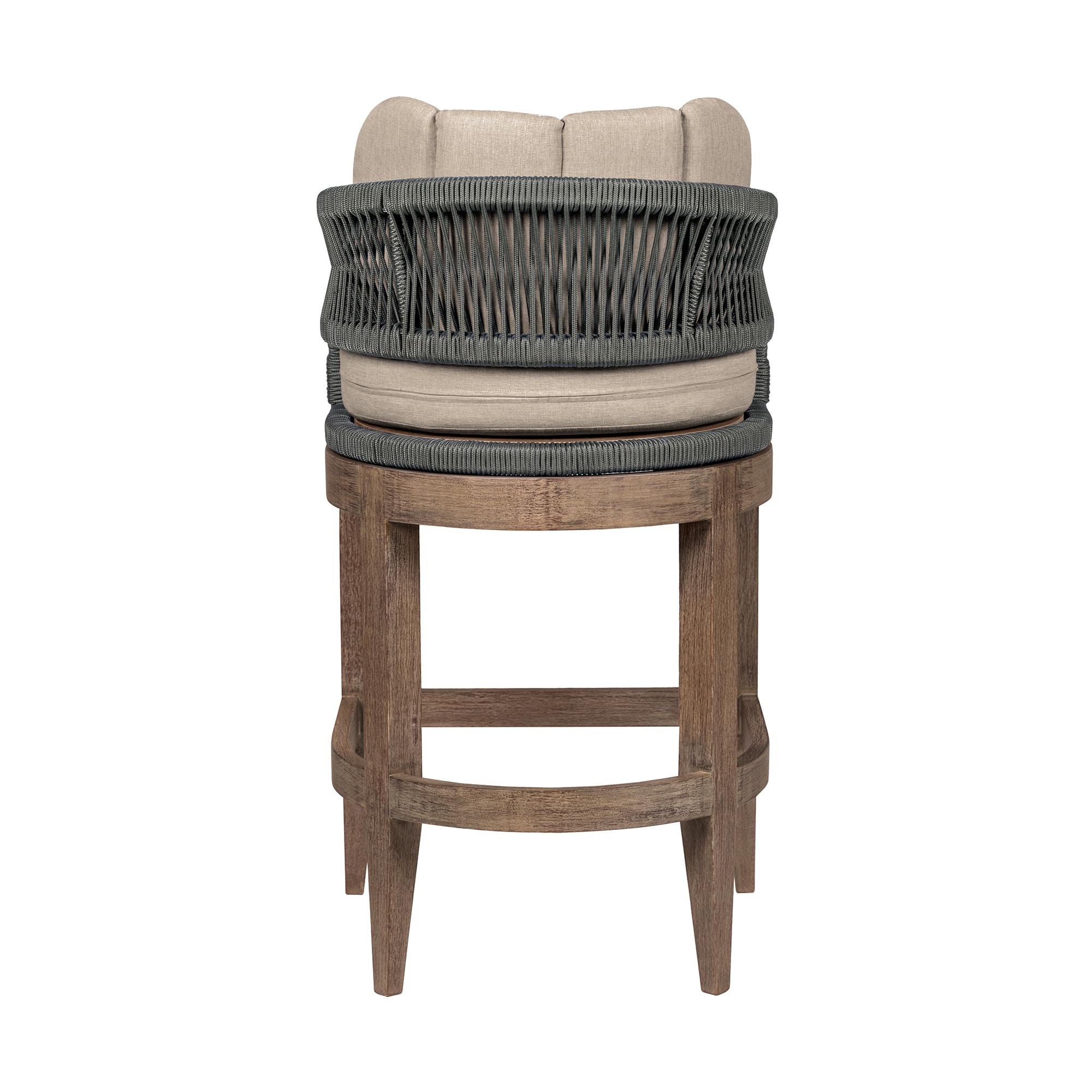 26" Weathered Eucalyptus Outdoor Counter Stool with Gray Rope and Taupe Cushions