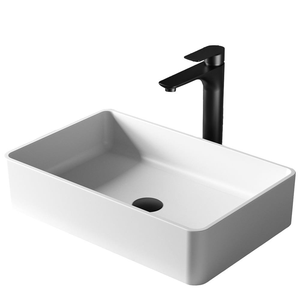 Karran QM176WH422MB  Quattro QM176 Matte White Acrylic 21 in. Rectangular Bathroom Vessel Sink with Faucet and drain in Matte Black