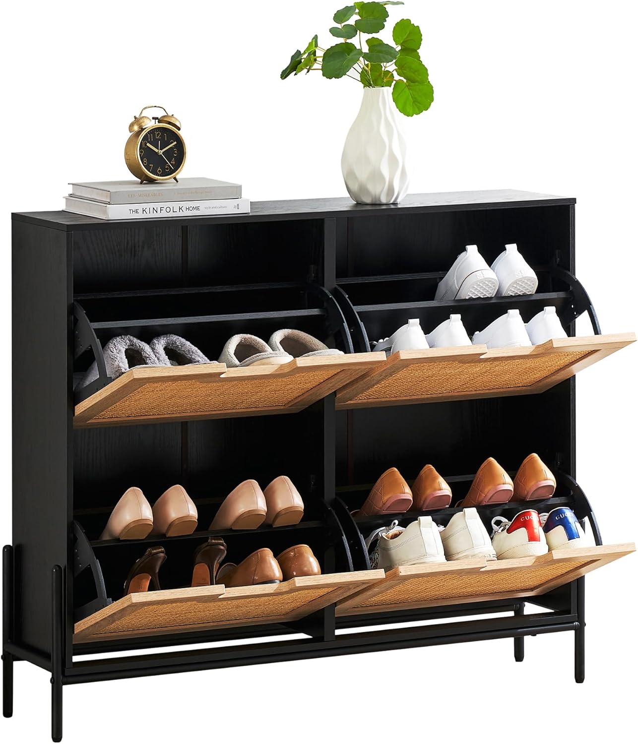 Qeetex DHZ-PHO-0Y1VYWGJ Shoe Cabinet Natural Rattan Shoe Organizer with 4 Flip Drawers Narrow Freestanding Shoe Rack with Metal Legs Adjustable Shelf for Entryway Living Room Foyer Hallway