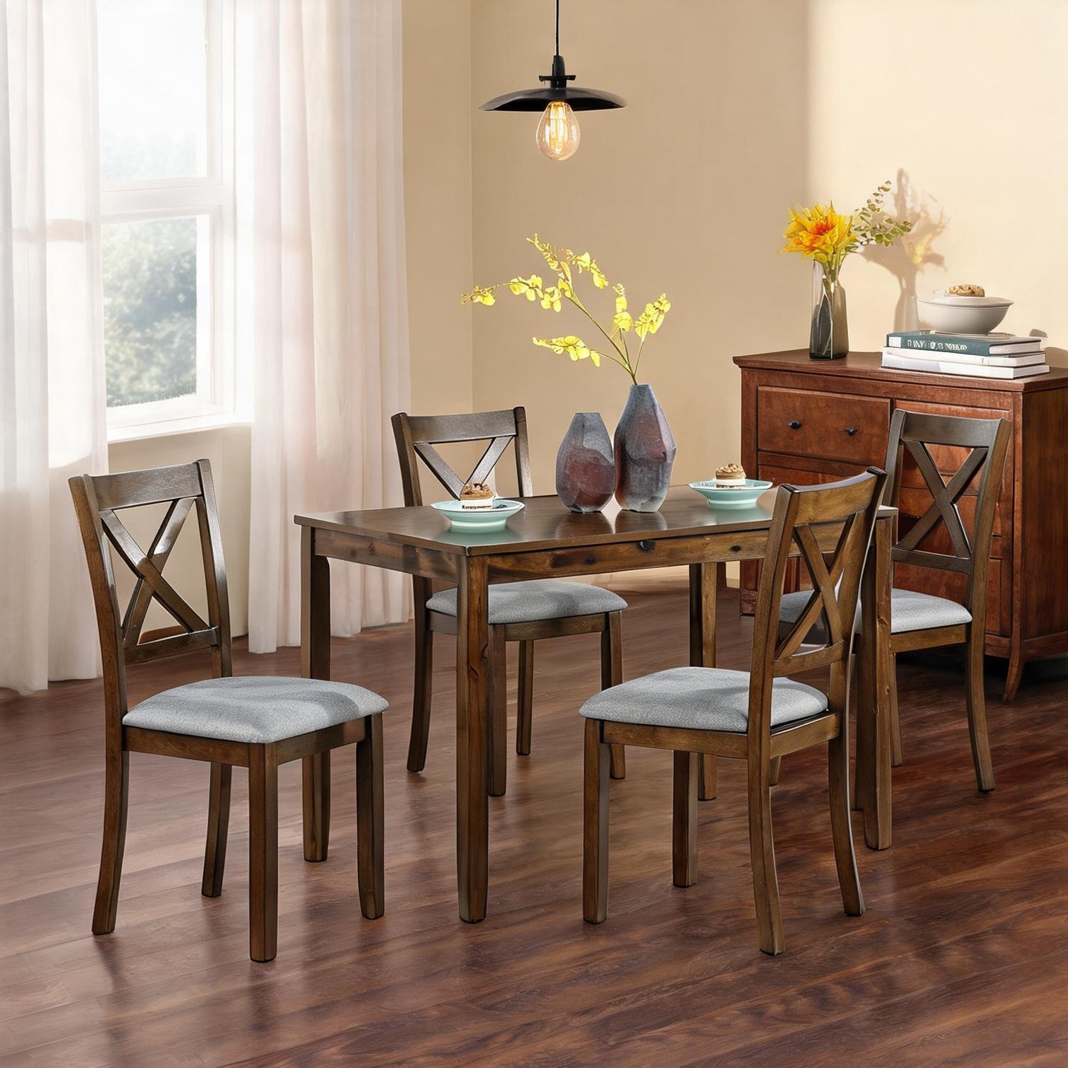 FlowLuxe Walnut Acacia Wood 5-Piece Dining Set for Small Spaces ...